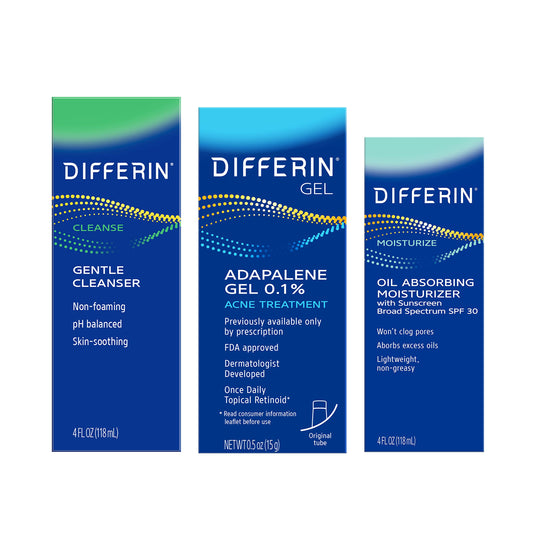 Differin Skin Care Set, Differin Gel 3 Step Regimen, Acne Treatment, Sunscreen SPF 30 for Face, Facial Cleanser, for Acne Prone Sensitive Skin