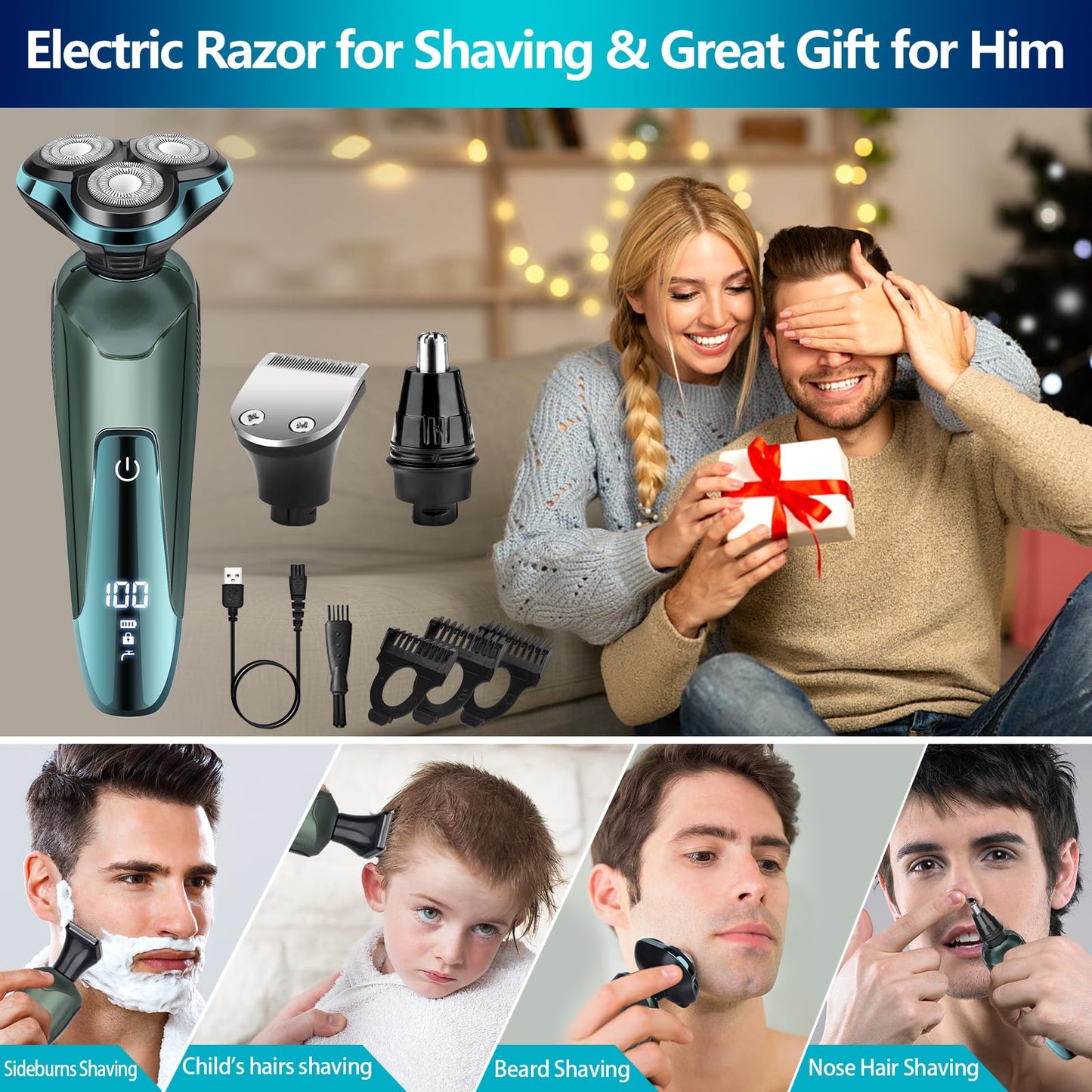 Maquinilla de afeitar eléctrica para hombres, afeitadoras eléctricas para caras de hombres, cuchilla desmontable 3D rotativa para afeitarse con recortadora de nariz, cepillo de limpieza facial