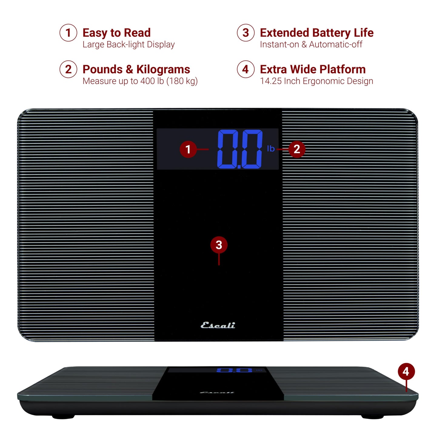 Escali Báscula digital extra ancha para baño para peso corporal con amplia plataforma para postura natural y estabilidad, alta capacidad de 400 libras, baterías incluidas