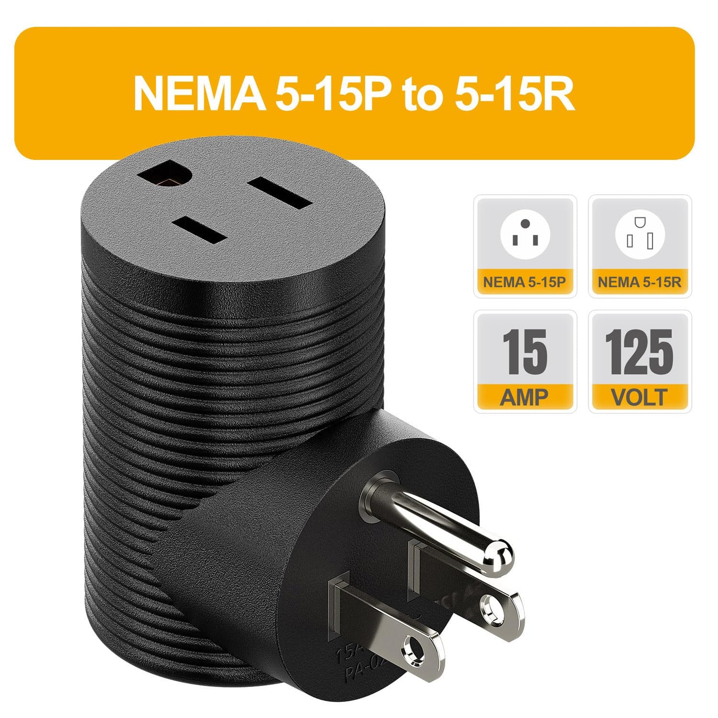 Adaptador de Corriente Plugrand Negro Ángulo Recto NEMA 5-15R a 5-15P 90 Grados