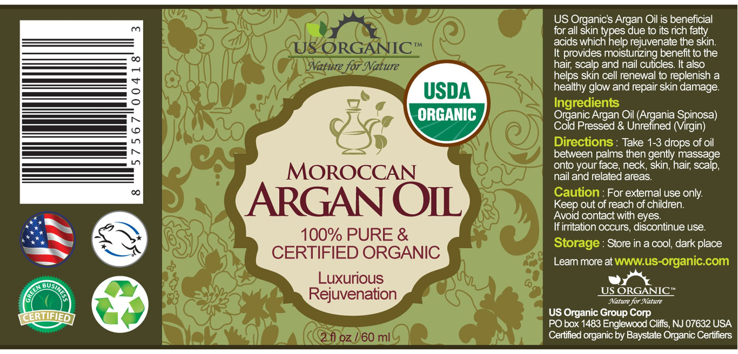 US Organic Moroccan Argan Oil, USDA Certified Organic,100% Pure & Natural, Cold Pressed Virgin, Unrefined, in Amber Glass Bottle with Glass Eye Dropper for Easy Application (2 oz (56 ml))