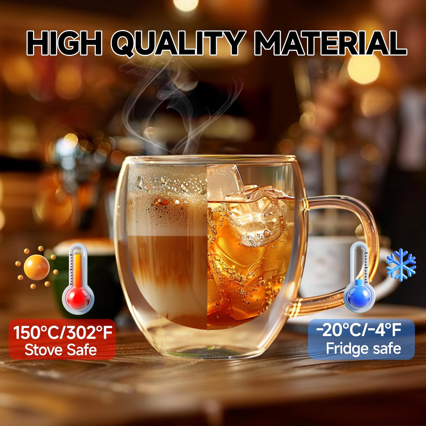 Tazas de Café YMMIND Vidrio Transparente Doble Pared con Asa para Bebidas Calientes y Frías
