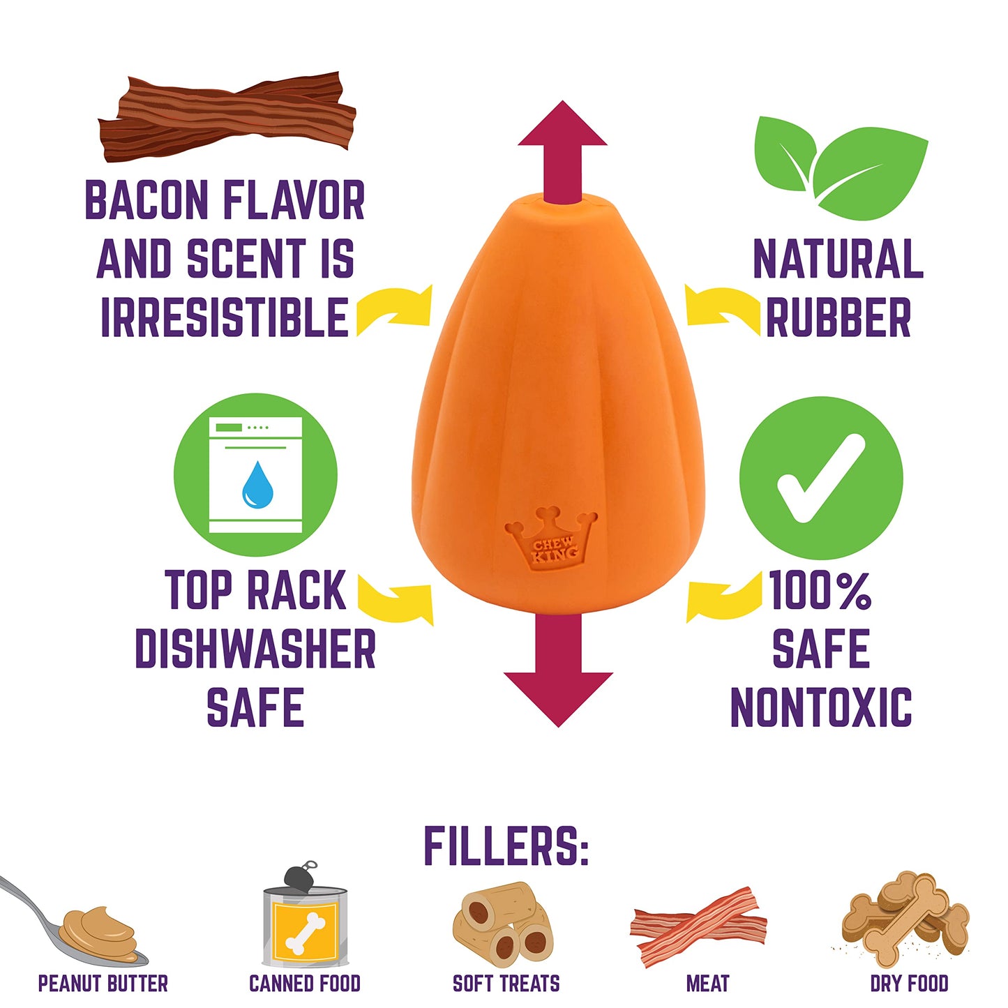 Chew King Juguete de Alta Calidad para Perro, Juguete de Goma Natural Extremadamente Duradero, Juguete para Perro con Sabor a Tocino, Naranja, Mediano