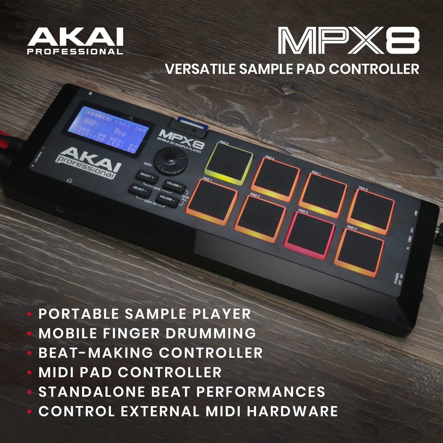 AKAI Professional MPX8 - Controlador MIDI y lanzador de samples portátil USB con 8 pads sensibles a la velocidad y ranura para tarjeta SD