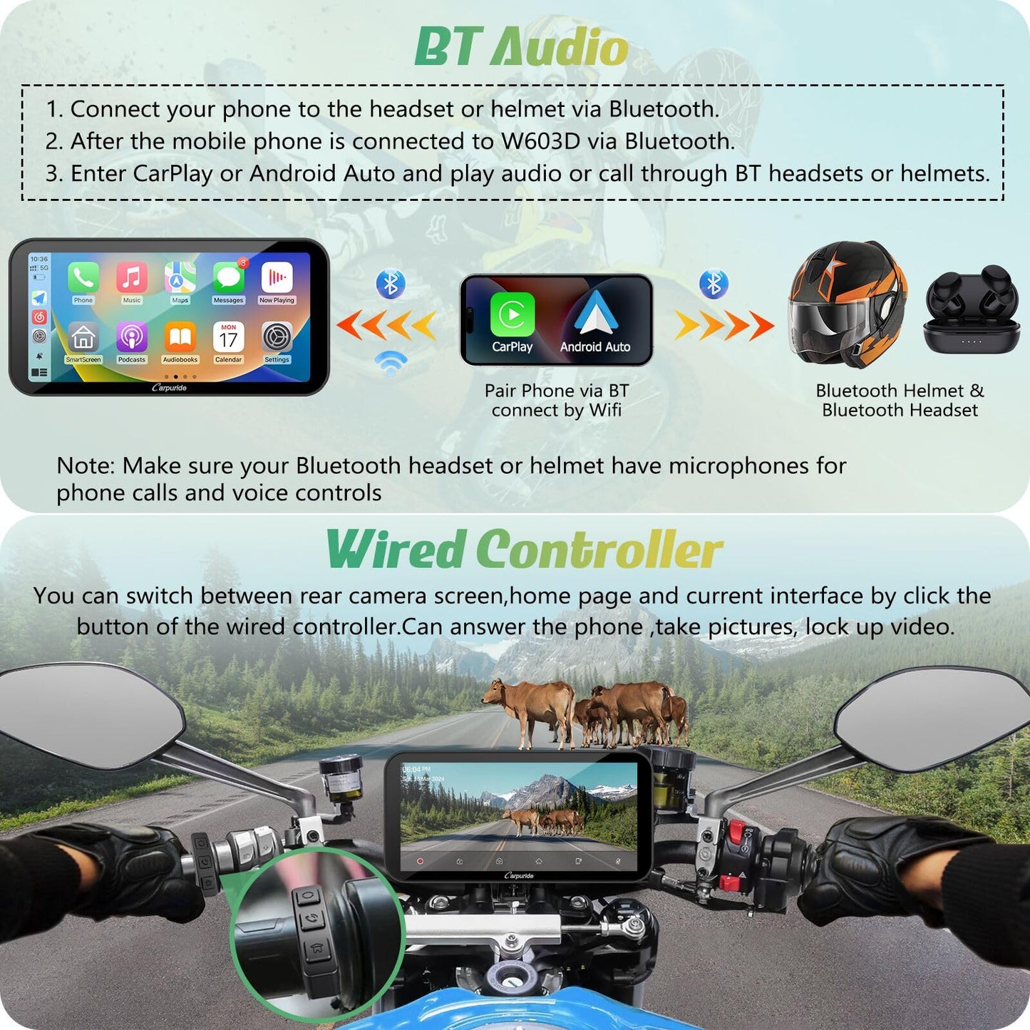 Carpuride W603D - visualización GPS Carplay para motocicleta, inalámbrica CarPlay y Android Auto para Moto, con cámaras duales HD 1080P, control remoto, visualización táctil impermeable de 6.3