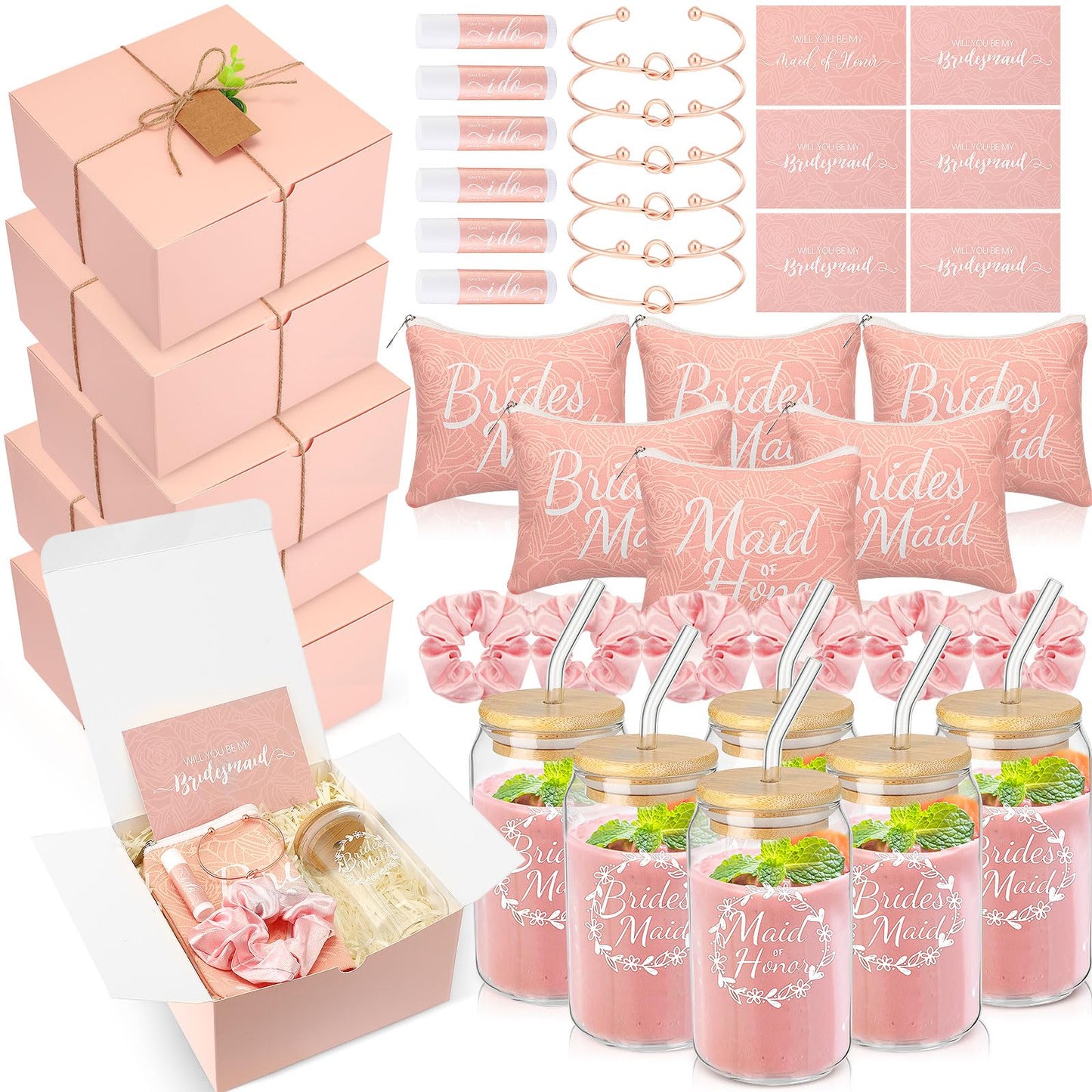 FillTouch - 42 piezas de regalo para dama de honor, regalos de despedida de soltera, incluye caja de regalo, vasos de vidrio, bolsas de maquillaje para cosméticos, tarjetas invitadas, bálsamo labial,