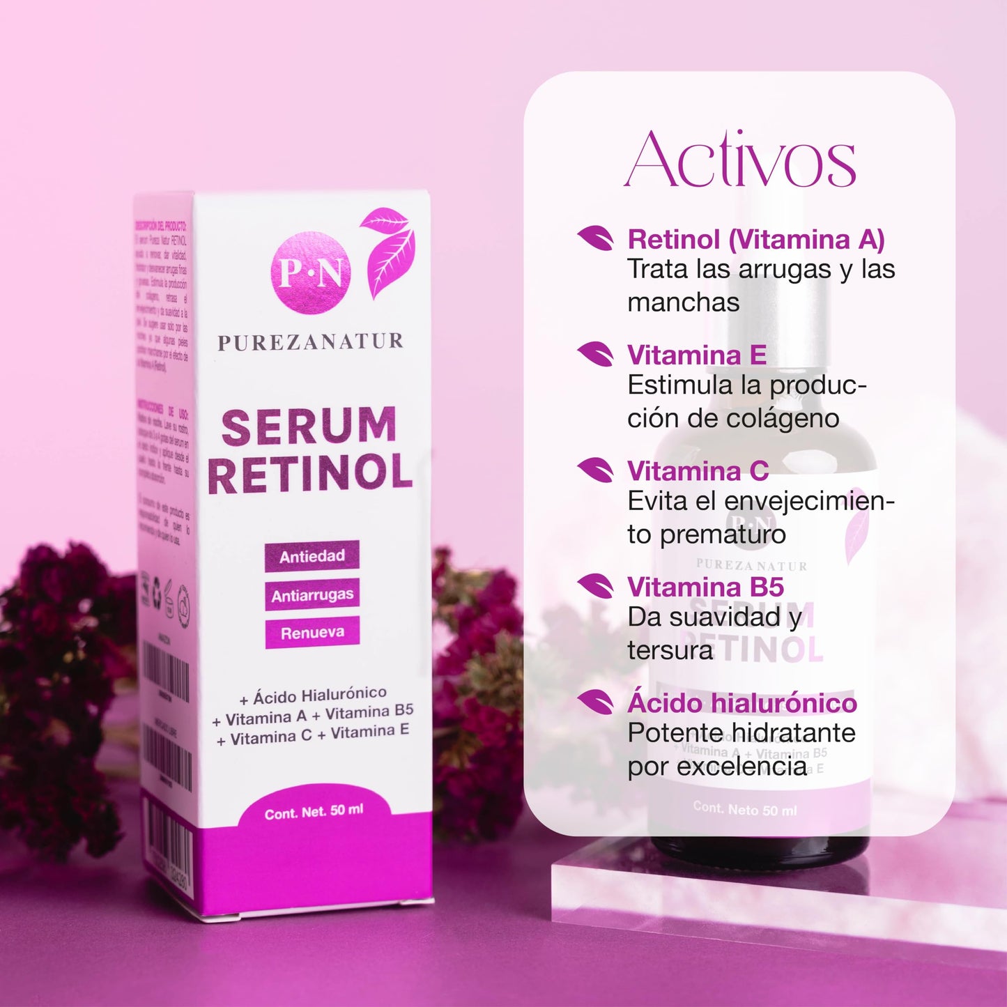 PUREZA NATUR Serum Retinol + Vitaminas A, B5, E, C + Acido hialuronico facial hidratante y reparador | Suero Reductor de líneas de expresión e imperfecciones en la piel 50ml