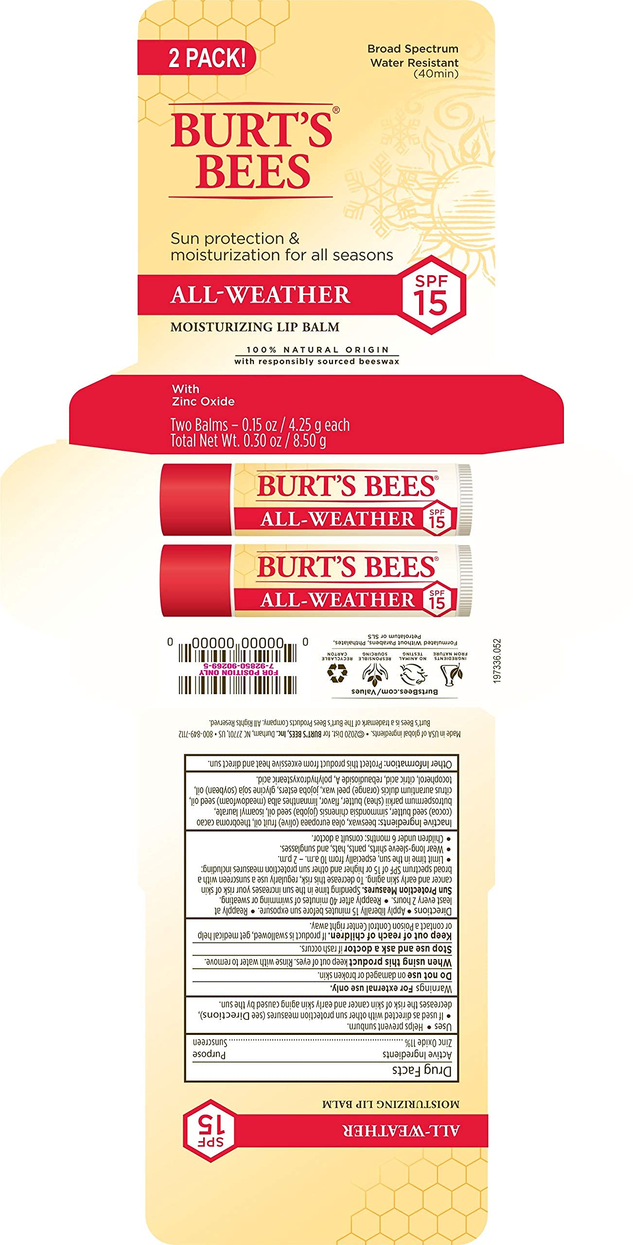 Burt's Bees 100% Natural All-Weather SPF15 Moisturizing Lip Balm, 2 Count