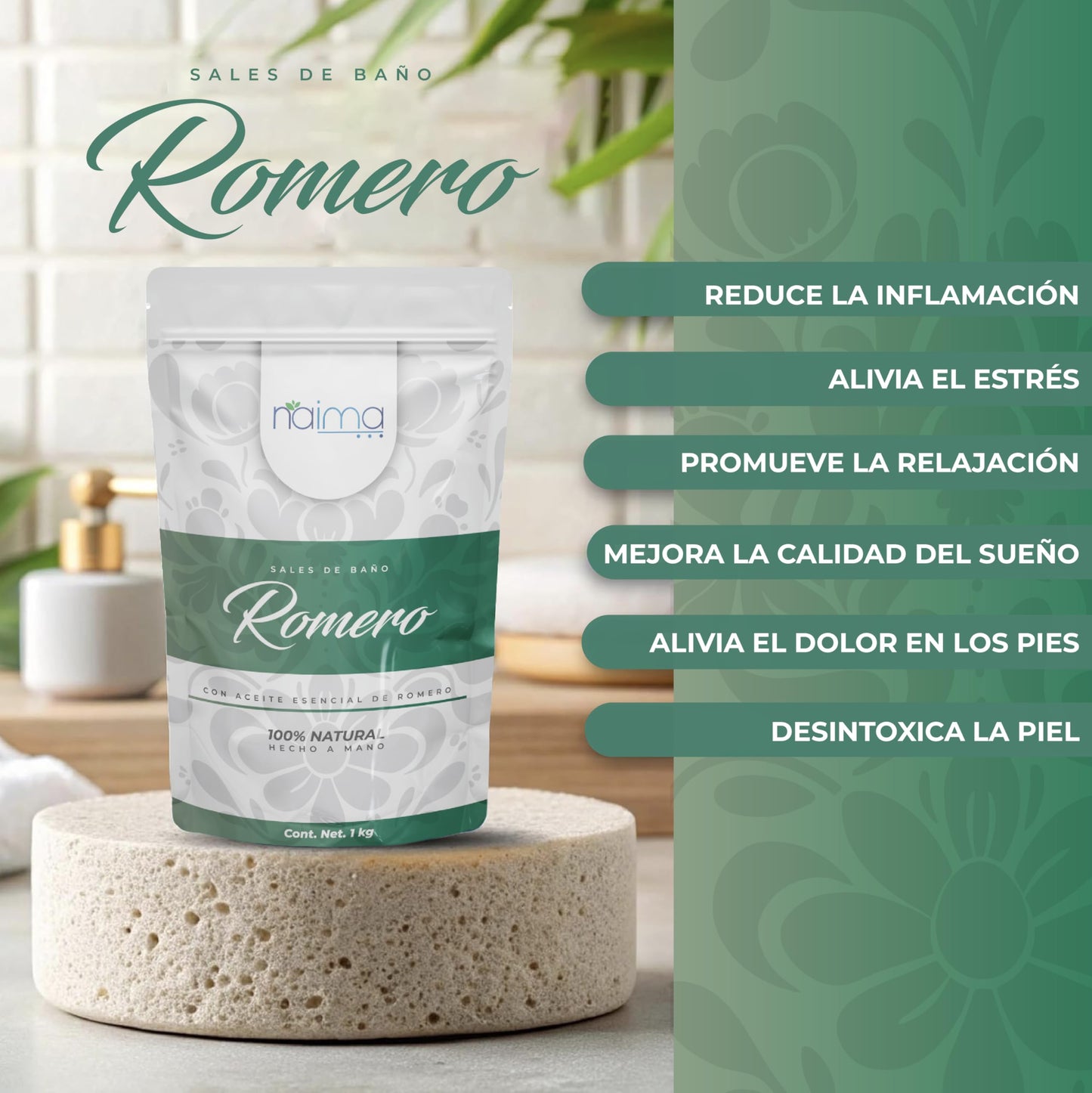 NAIMA Sal Epsom Romero, 1kg | Sulfato de Magnesio 100% Puro y Vegano | Relajante Para Baños, Masajes y Exfoliación | Ideal Para el Cuidado de Pies, Piel y Relajación en Casa| Sin Colorantes Artificiales