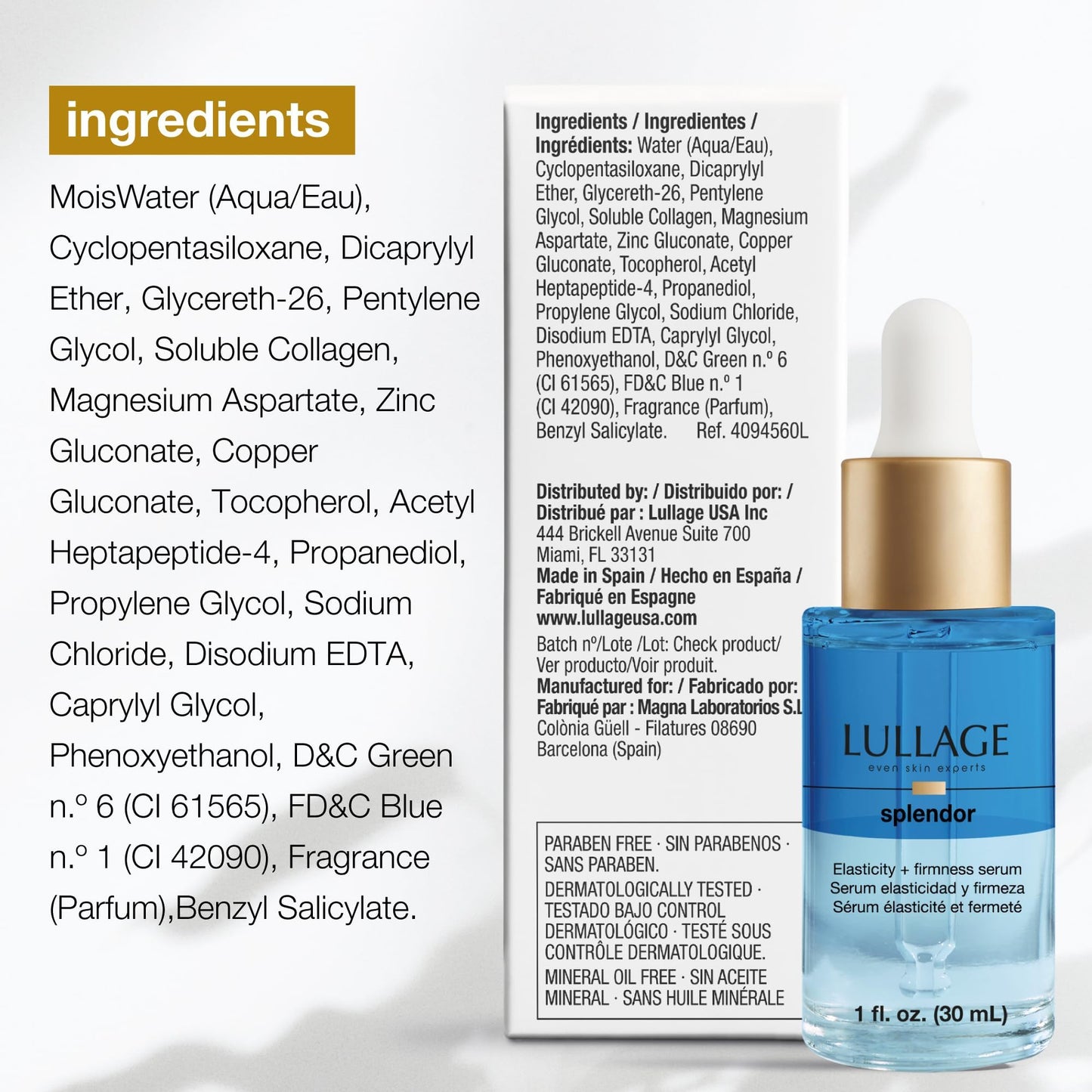 LULLAGE Sérum de elasticidad y firmeza con oxígeno y colágeno marino: reduce la apariencia de arrugas, nivel óptimo de hidratación, protege la piel, día y noche, 30 ml