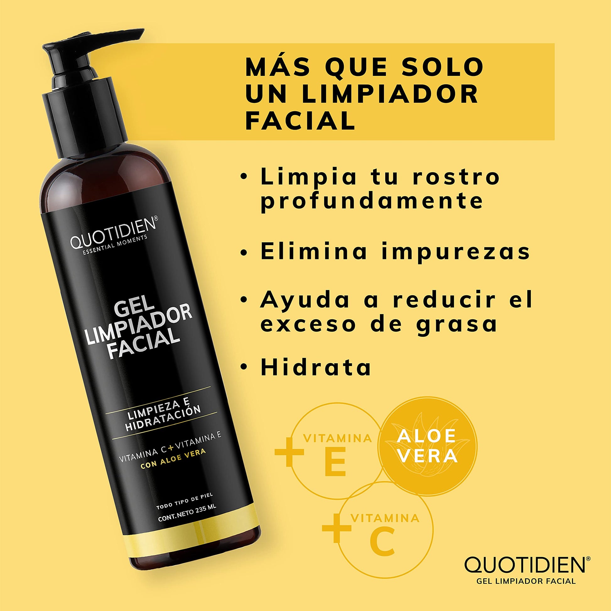 Gel Limpiador Facial con Vitamina C + Vitamina E + Aloe Vera - 80% Ingredientes Naturales- Limpiador Profundo Facial -Baja Espuma- Remueve Grasas y Toxinas- No Reseca- Limpieza e Hidratación Extrema - Ideal Para Todo Tipo de Piel - 235ml