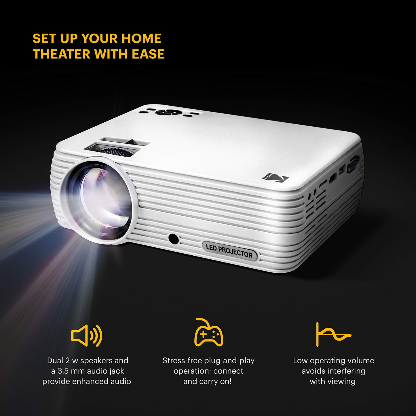 KODAK FLIK X7 Proyector para el hogar (máximo 1080p HD) con trípode y funda incluida, compacto, proyectos de hasta 150 pulgadas con resolución nativa de 720p y 30.000 horas, lámpara LED de lúmenes |