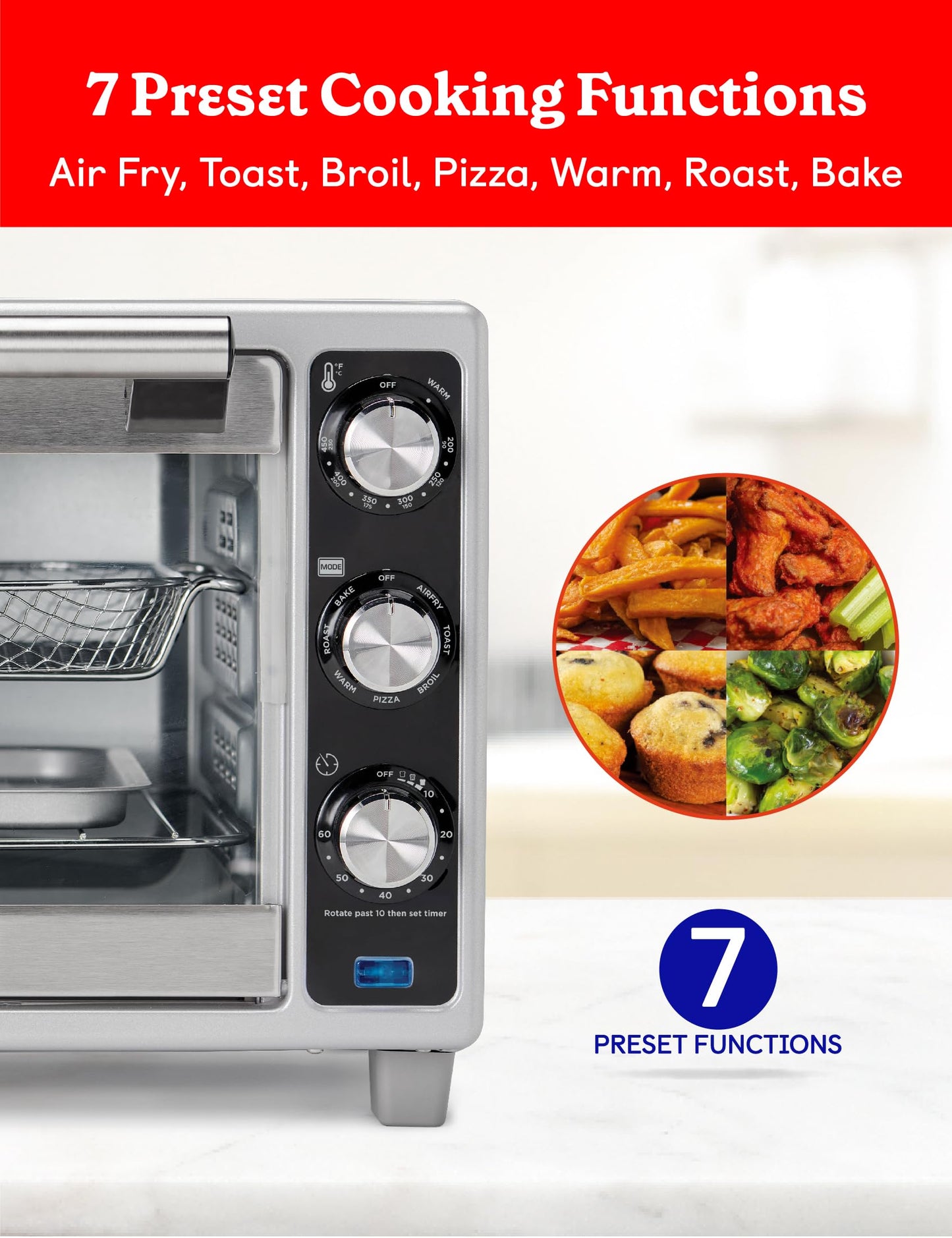 Betty Crocker - Horno tostador de convección, tostador multifunción de 6 rebanadas y horno freidora de aire, 0.8 Cu. Horno tostador Airfryer de capacidad de 6 pies, horno de convección de 7 funciones,