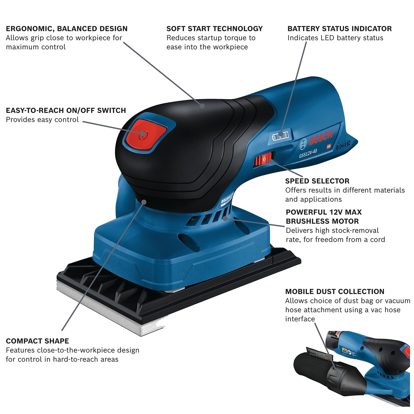 BOSCH GSS12V-40N Lijadora de acabado orbital sin escobillas de 12 V Max con bolsa para polvo, 1/4 y 1/3 hoja (herramienta desnuda)