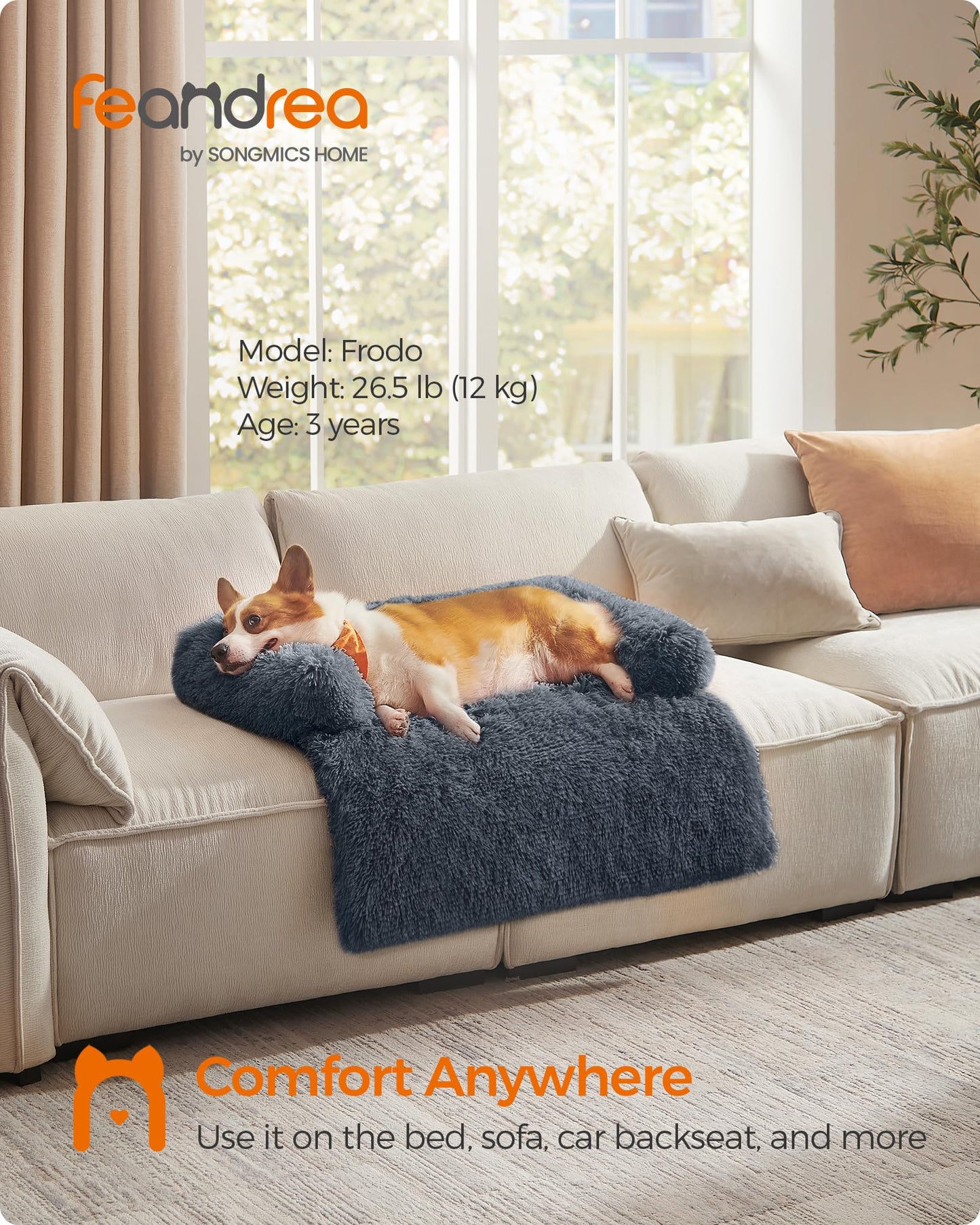 Feandrea Cama para Perros, Funda Protectora para Sofá, 95 x 85 x 16 cm, Tela de Felpa, L, para Perros Medianos,Gris Oscuro MPGW222G02