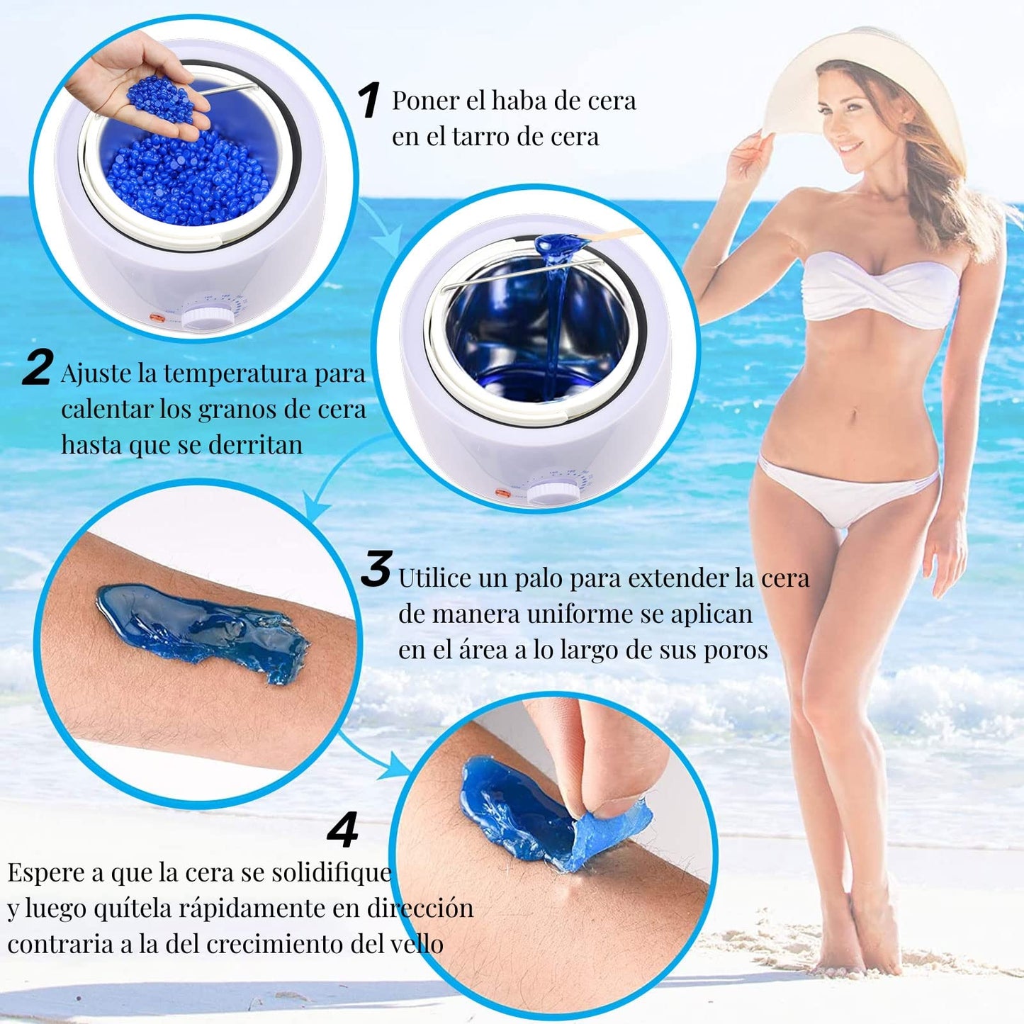 Cera para Depilar, Cera Depiladora con 500g Perlas de Cera Dura, Kit Cera Española para Depilar para Cejas | Bikini, Piernas, Axilas y Más, Calentador de Cera Eléctrico para Depilación con 20 Espátulas y 2 Frascos de Spray Tratante (Blanco)