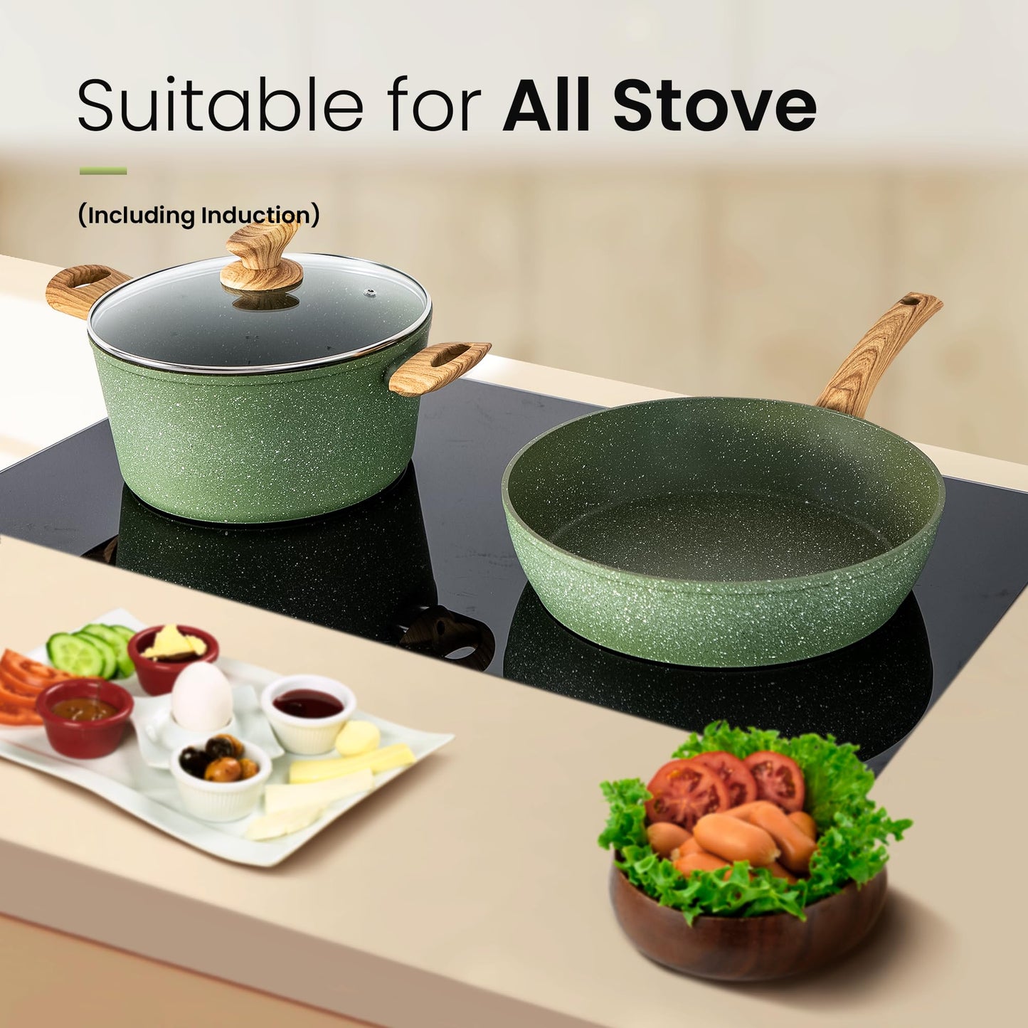 Kitchen Academy - Juego de ollas y sartenes antiadherentes, juego de utensilios de cocina de inducción de 30 piezas, juego de sartenes de cocina con revestimiento de granito verde
