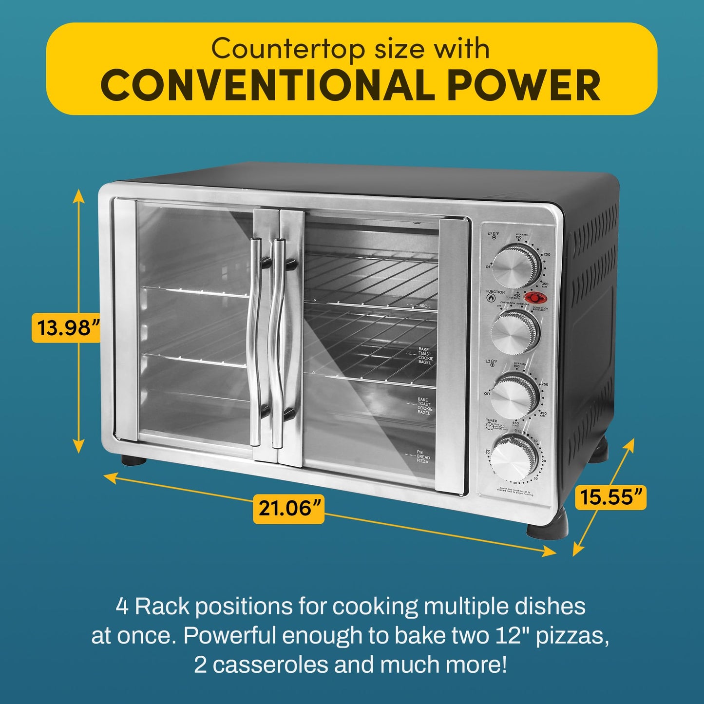 Elite Gourmet ETO-4510M Puerta francesa de 47.5 cuartos de galón, horno de convección de 18 rebanadas, 4 perillas de control, tostado para hornear asado para mantener el calor, incluye 2 estantes para
