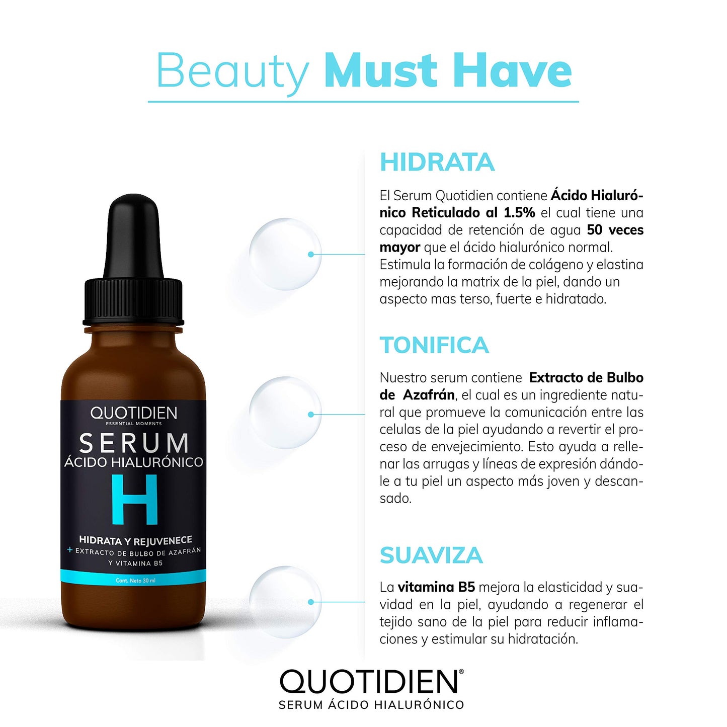 Serum Ácido Hialurónico Facial + Vitamina B5 + Extracto de Bulbo de Azafrán | 99% Ingredientes Naturales | Hidratación Intensa | Skin Care Ideal para todo tipo de piel-30ml