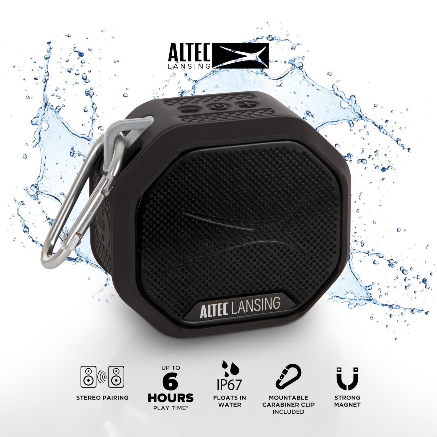Altec Lansing HYDRATREK - Altavoz magnético Bluetooth, Impermeable IP67, Altavoz portátil, emparejamiento inalámbrico Verdadero, Carga rápida USB-C, batería de 3.7 V 400 mAh, Asistente de Voz,