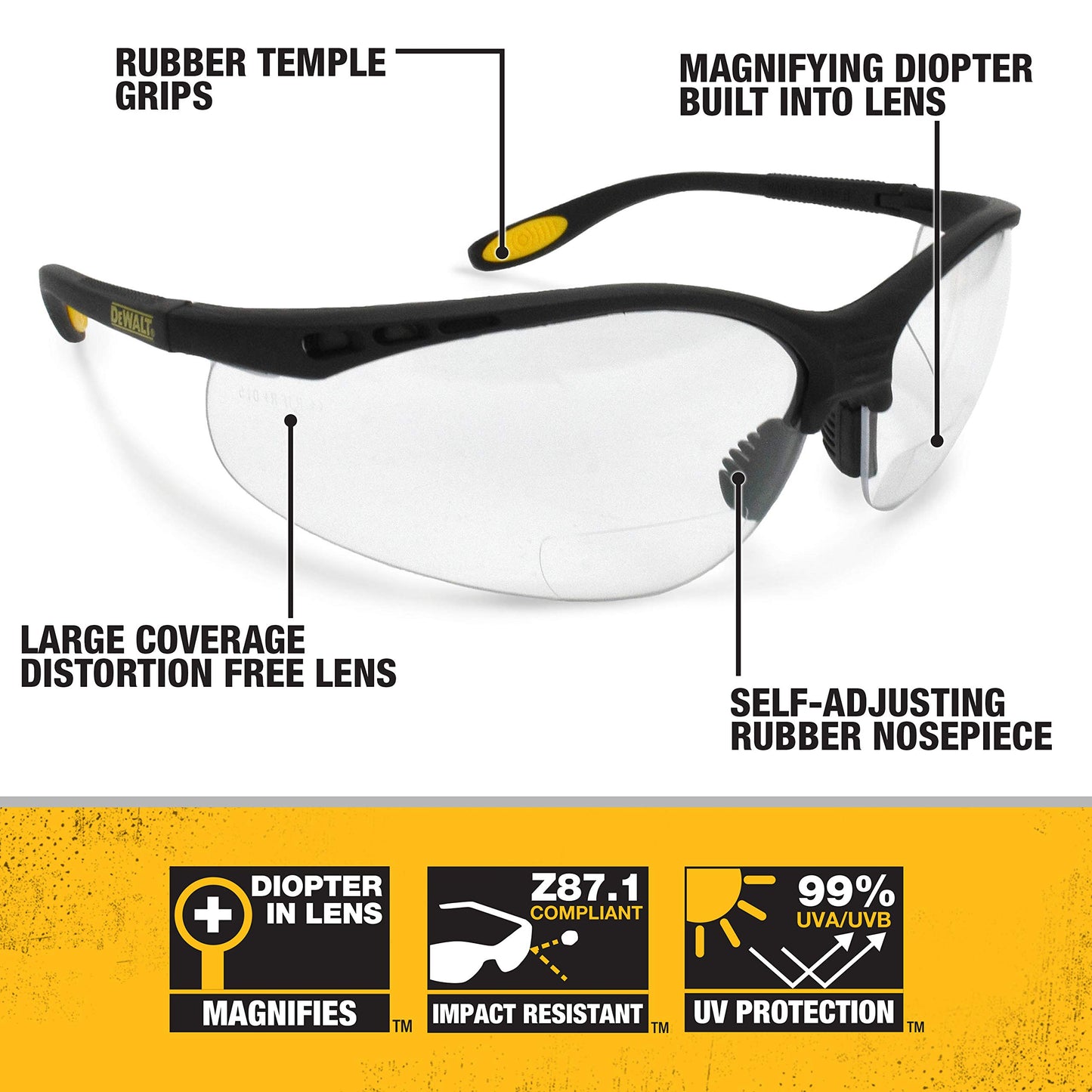 DEWALT DPG59-125C Refuerzo Rx-Bifocal 2.5 Lente transparente de alto rendimiento anteojos de seguridad protectoras con patillas de goma y funda protectora para anteojos