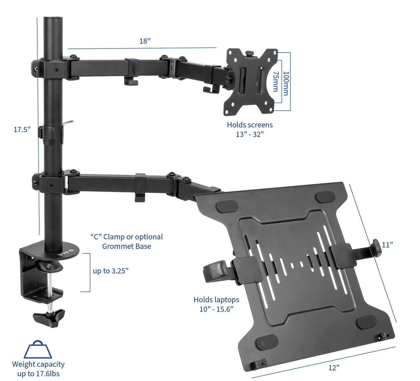 Soporte Articulado VIVO Negro para Monitor y Computadora Portátil con VESA Hasta 32 Pulgadas