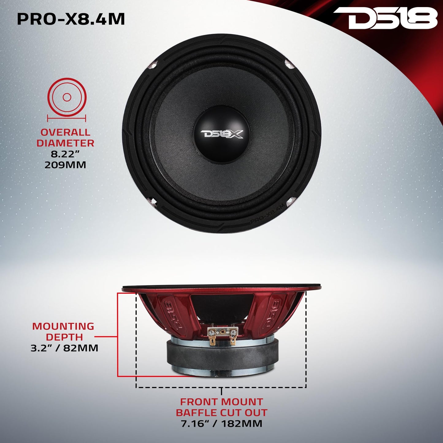 DS18 Pro-X8.4M - Altavoz de 8 Pulgadas, Rango Medio, Cesta de Acero Rojo, 550 W máximo, 275 W RMS, 4 ohmios - Altavoces de Puerta de Audio de Calidad Premium para Sistema de Sonido estéreo de Coche o