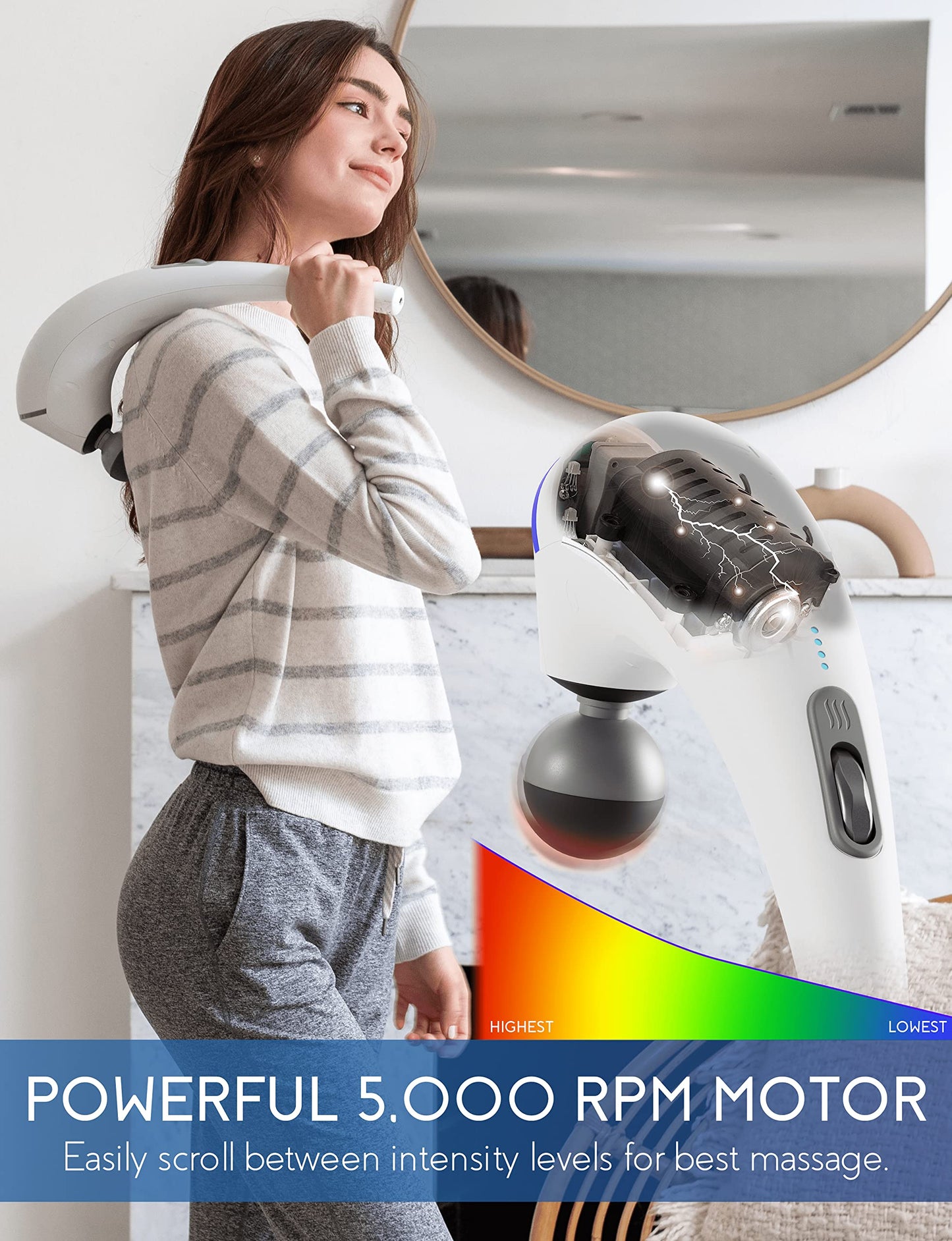 Zyllion Masajeador de mano para espalda y cuello, inalámbrico, recargable, eléctrico, vibrante, masaje de tejido profundo con calor para atletas, recuperación y alivio del dolor muscular, color blanco (ZMA-27-WT)