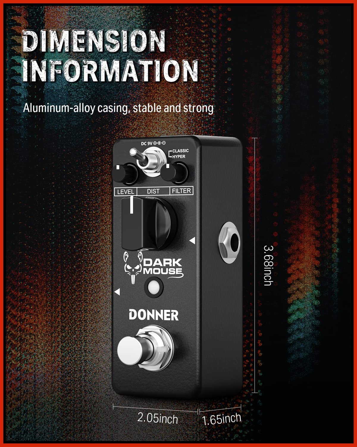 Donner - Pedal de distorsión de mouse oscuro para pedalera, guitarra eléctrica, 2 modos, clásico hiper crujiente a borrosa, pedal de guitarra True Bypass