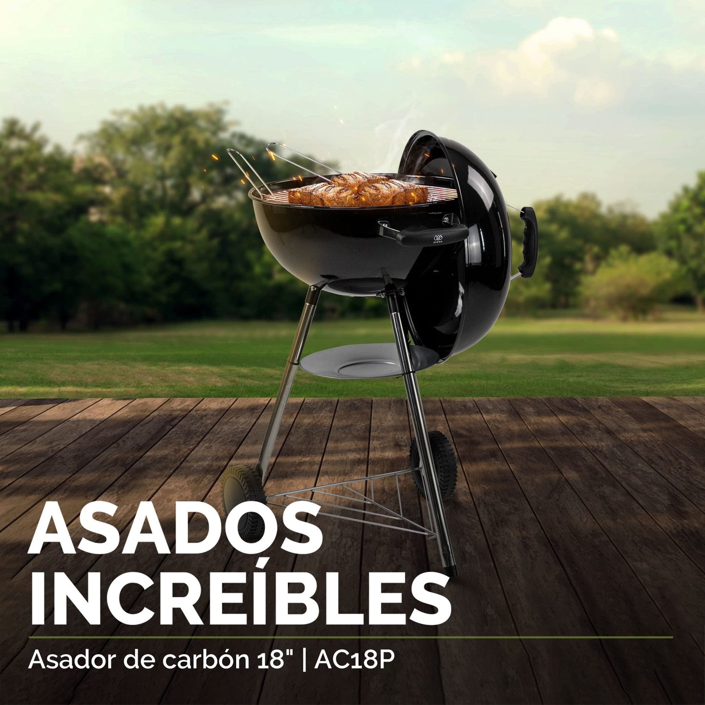 AVERA Asador de Carbon Premium 18" de Acero Reforzado, con Termometro, Ahumador Compensado, Llantas Transportadoras, Para prepapar Carne Asada, BBQ, Parrillada, Aire Libre, Color Negro Gloss, AC18P