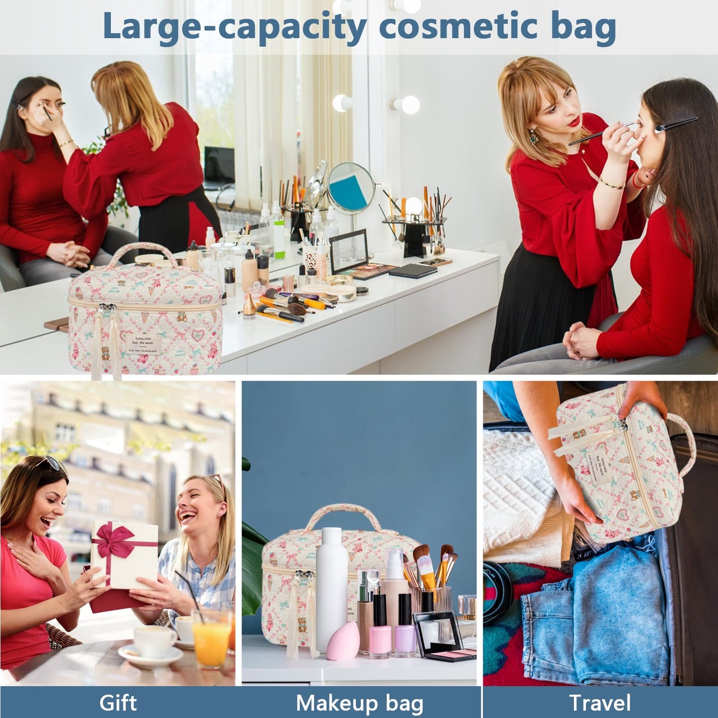 Bolsa de maquillaje grande, bonita bolsa de cosméticos para mujeres y niñas, bolsa de aseo estética de coqueta floral, bolsa organizadora de maquillaje de viaje, Oso de amor, Oso de amor