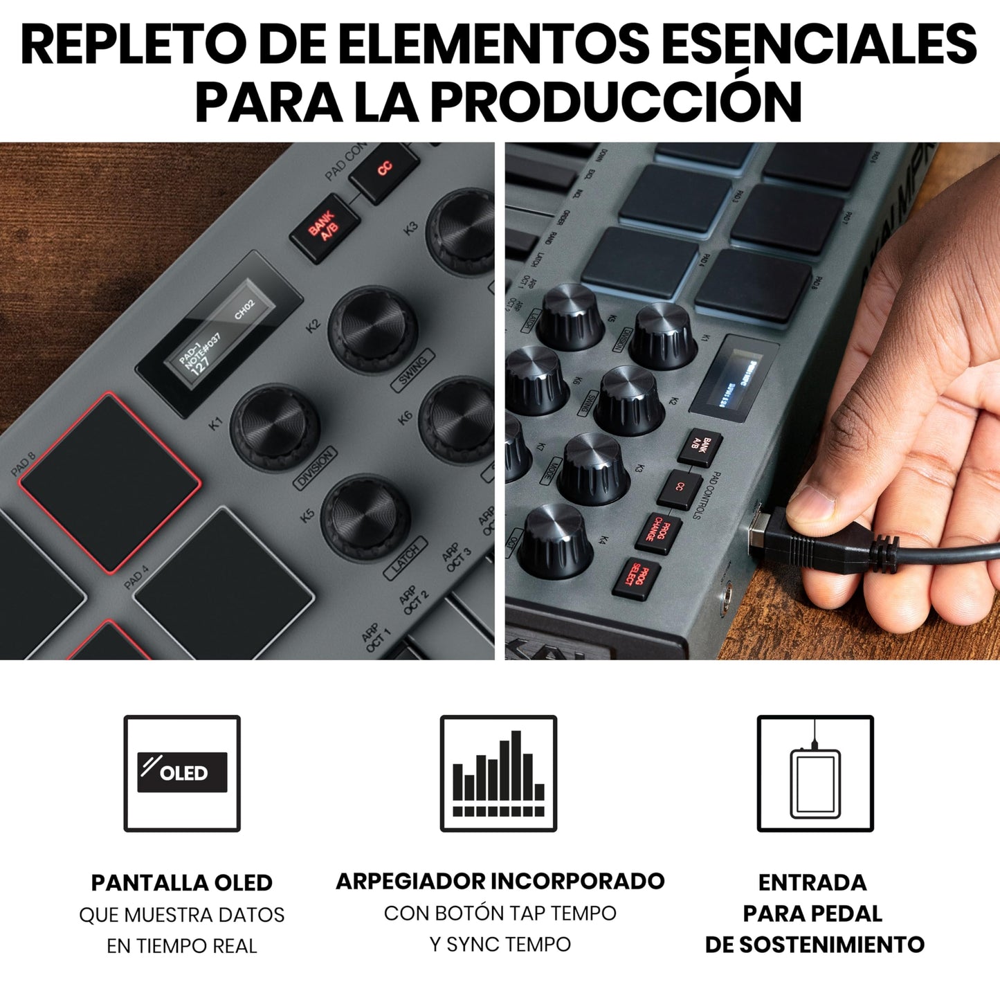 Akai Professional MPK Mini MK3 - Teclado Controlador MIDI USB de 25 Teclas con 8 Drum Pads, 8 Perillas, Software de Producción Musical y Native Instruments Sound Package (NKS Integration), Gris