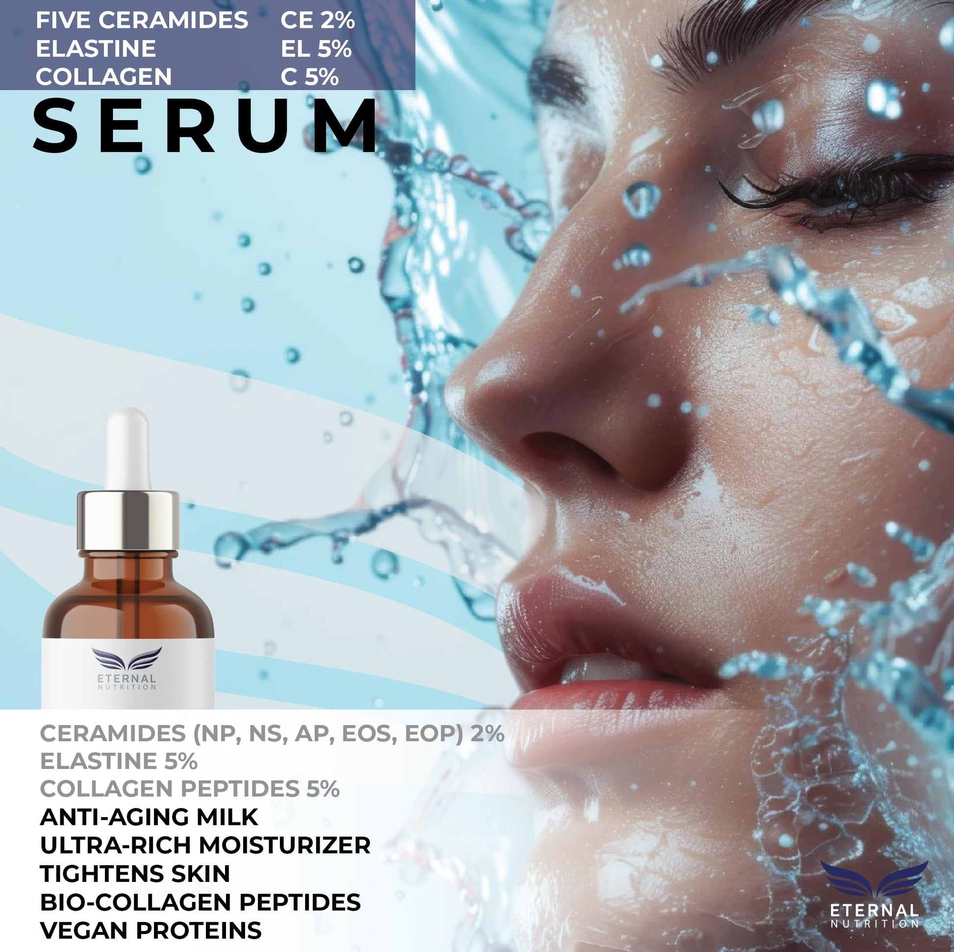 Serum FIVE CERAMIDES 2%, Elastine 5%, Collagen 5%. 50 ml. Suero Hidratante Contra Envejecimiento Célular | Ingredientes Naturales | Skin Care | Piel Sana y Joven Uniforme | Textura Ligera | Para Todo Tipo de Piel by ETERNAL NUTRITION
