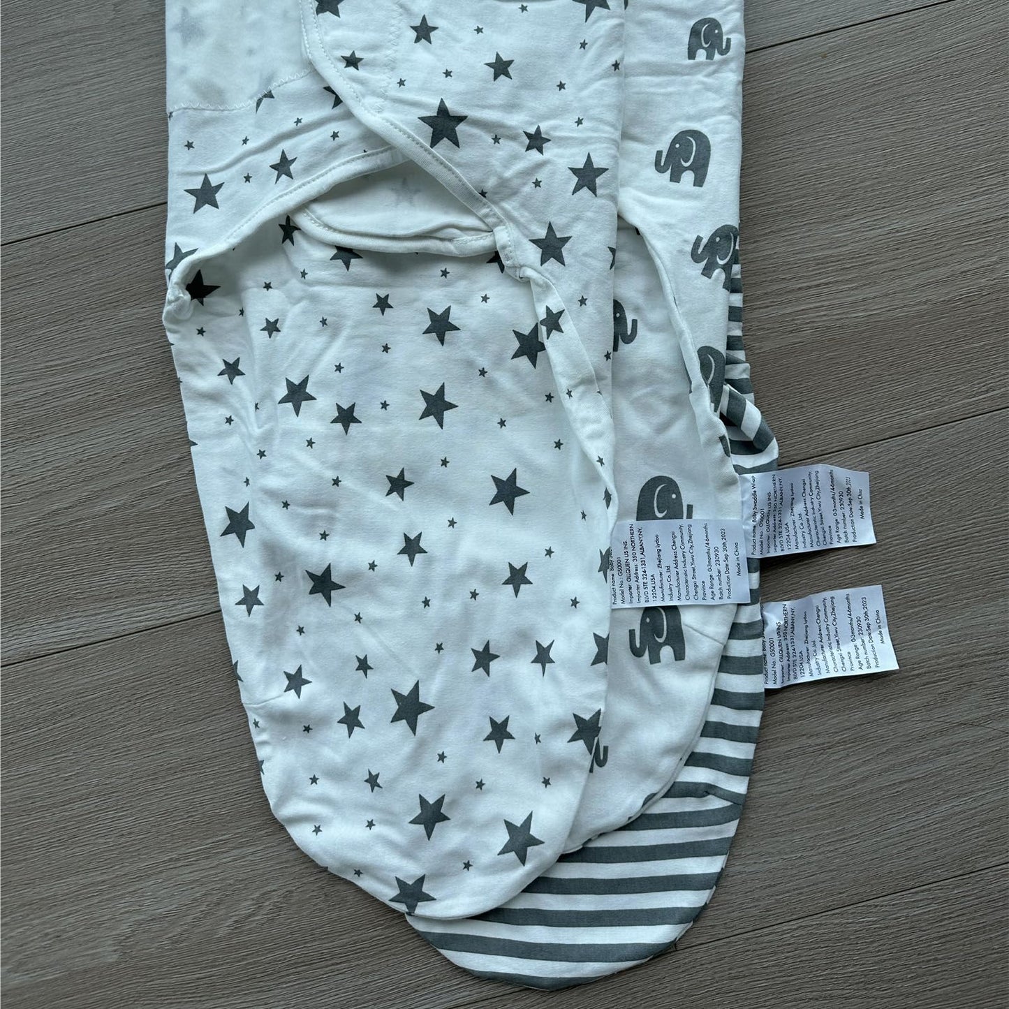 GLLQUEN BABY - Mantas para bebé niño y niña, de 3 a 6 meses, estrella de elefante gris y rayas, juego de 3 unidades, saco de dormir ajustable para recién nacido, (mediano/grande)