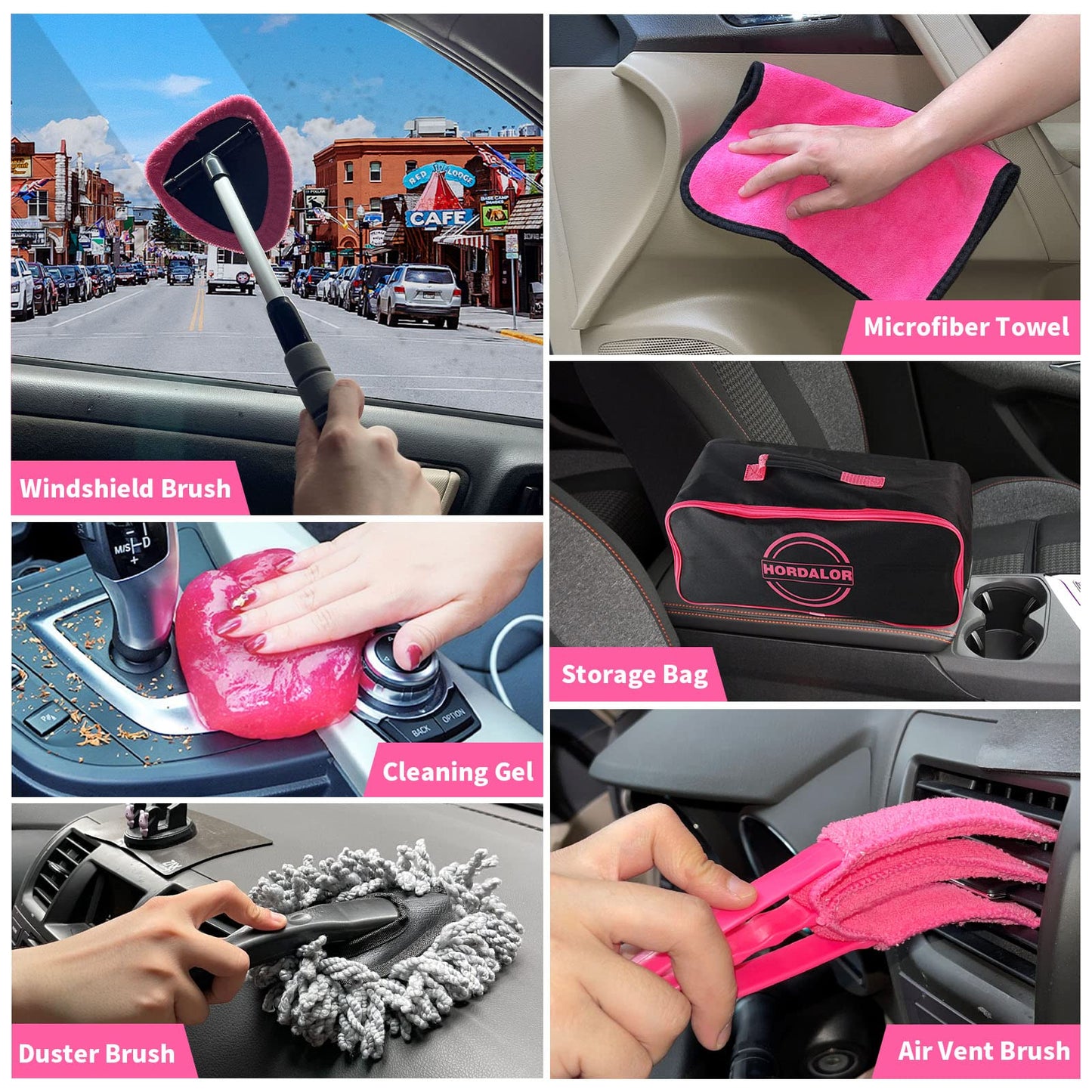 HORDALOR - Kit de detalles de interior de coche, 16 piezas de kit de limpieza de coche con aspiradora de mano de alta potencia, juego de cepillos de detalles, gel de limpieza, herramienta de limpieza