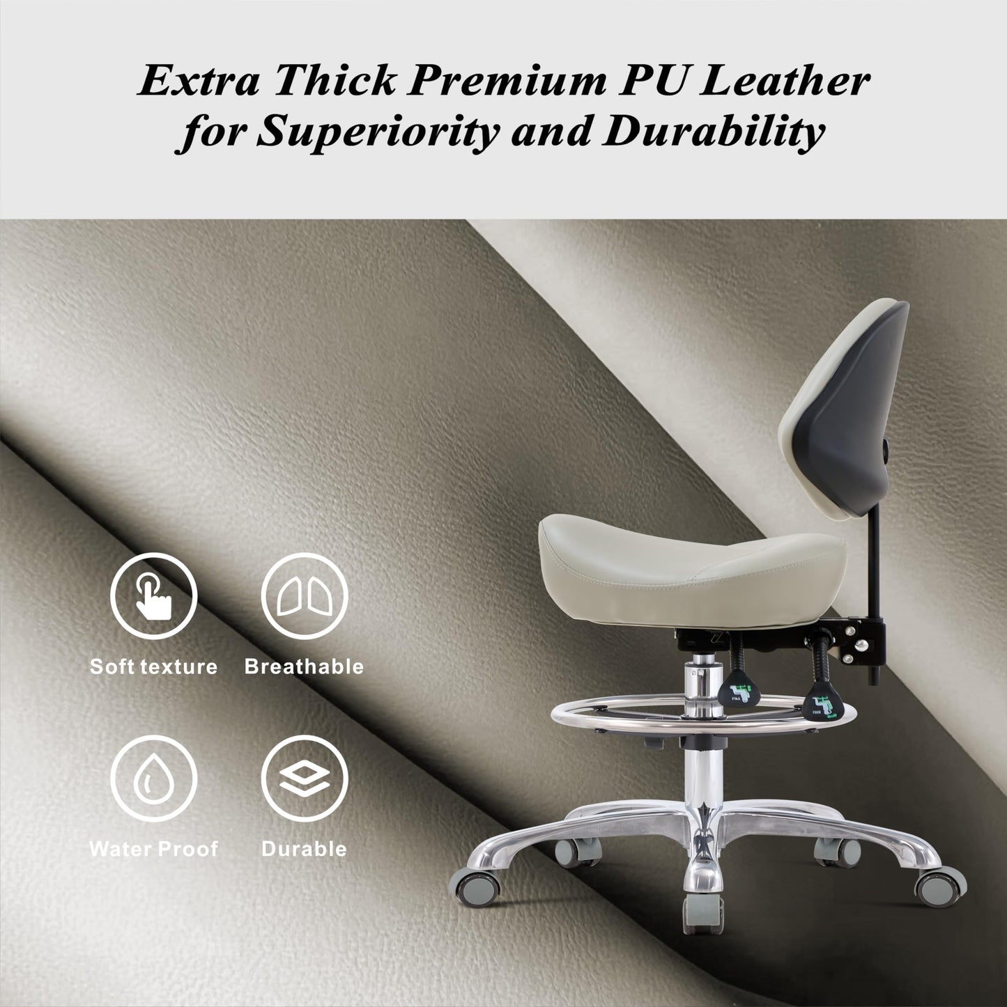 HNKastela Taburete ergonómico con Soporte Trasero, Taburete de Altura Ajustable con Ruedas, para salón de Masaje, Cocina médica (con Respaldo, Gris Claro)