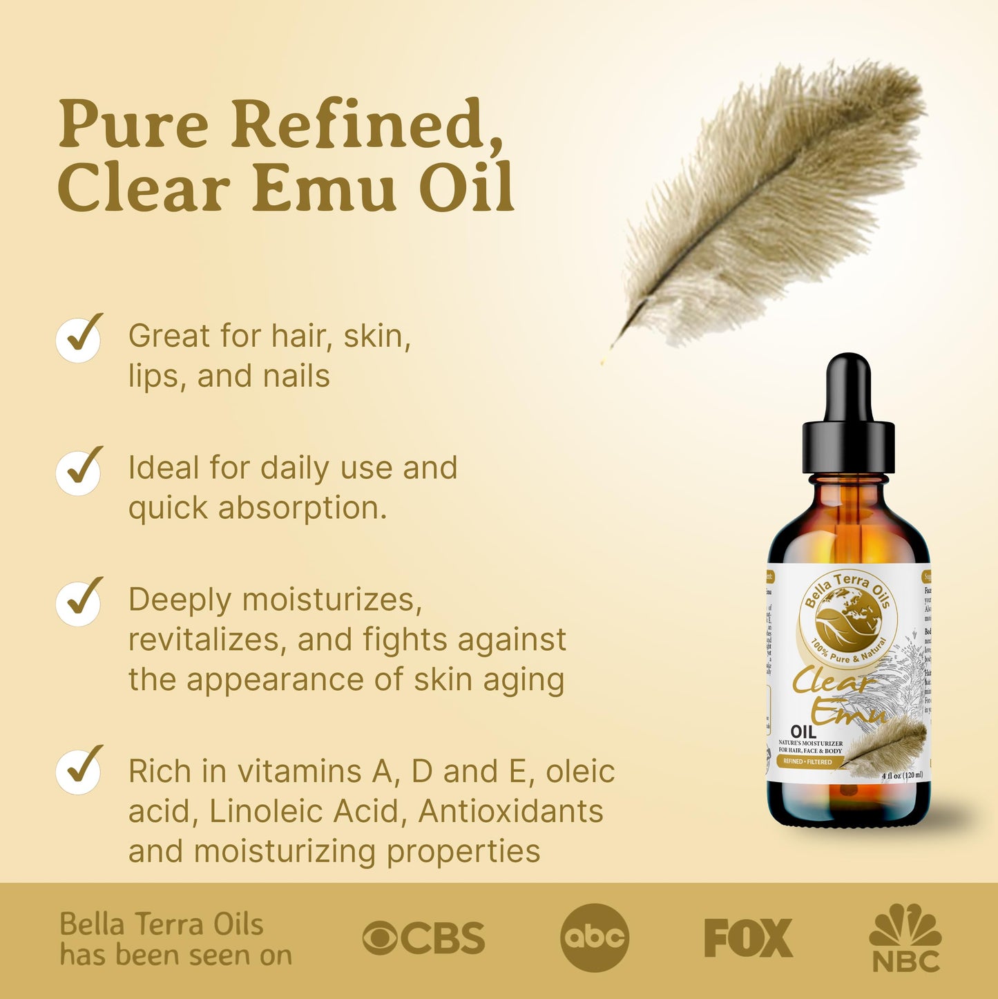 NEW Ultra Clear Emu Oil. 4oz. Australian. Fully Refined. Organic. 100% Pure. Anti-inflammatory. Hexane-free. Soothes Skin. Promotes Hair Growth. Natural Moisturizer. For Hair, Skin, Stretch Marks.