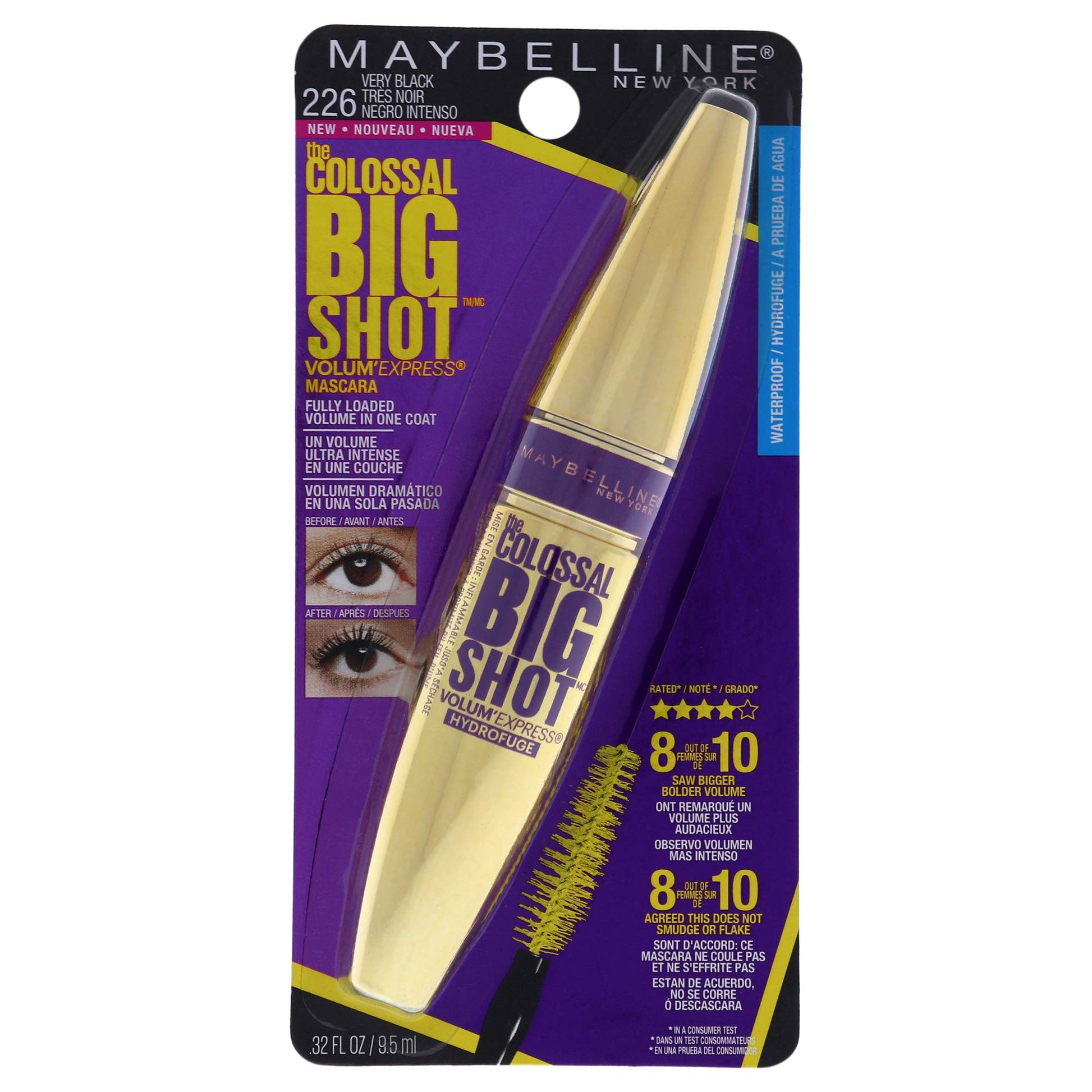 Maybelline Mascara para Pestanas a Prueba de Agua,The Colossal Big Shot, Very Black, 9.5 ml