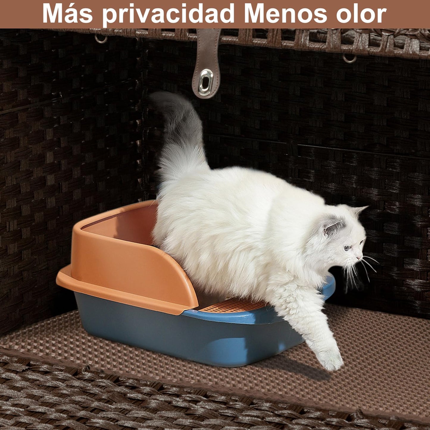 FABATO Arenero para Gato Grande Cerrado - Casa para Gatos Exterior - Puerta Lateral para tu Mascota - Mueble de Mimbre Ratán Tejido a Mano - Incluye Alfombrilla Suave (Marrón)