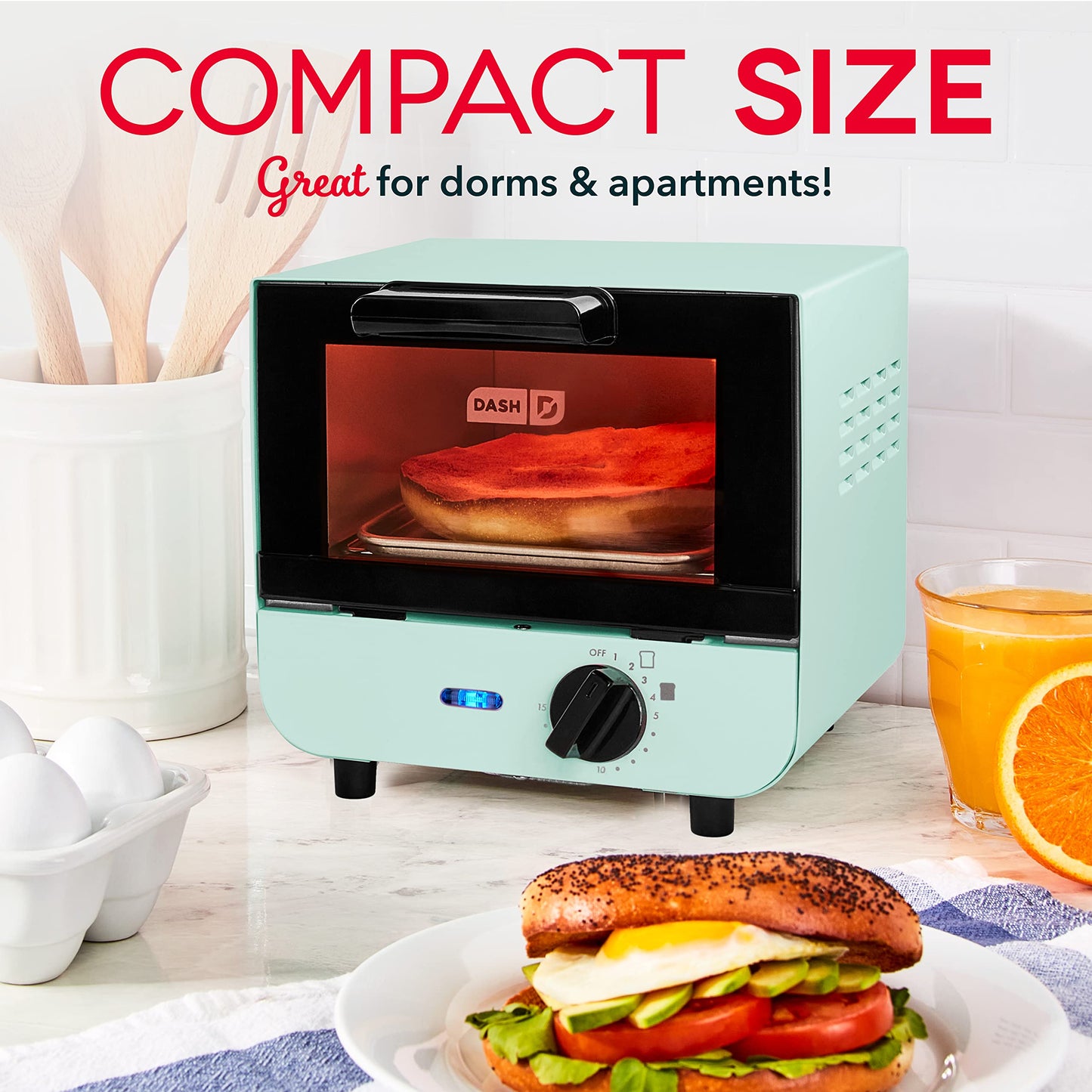DASH - Mini tostador para pan, bagels, galletas, pizza, paninis y más con charola para hornear, estante, función de apagado automático, color aguamarina