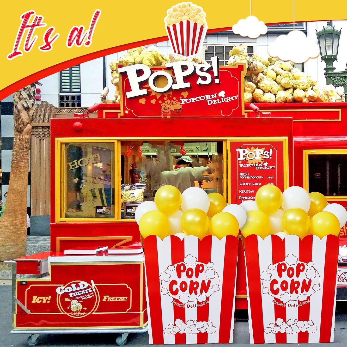 Caja de Popcorn Gigante con Globos y Bomba de Globos Soporte de Exhibición de Palomitas de Maíz de Cartón Grande Decoraciones de Utilería de Palomitas de Maíz para Noche de Cine, Carnaval (50 Piezas)