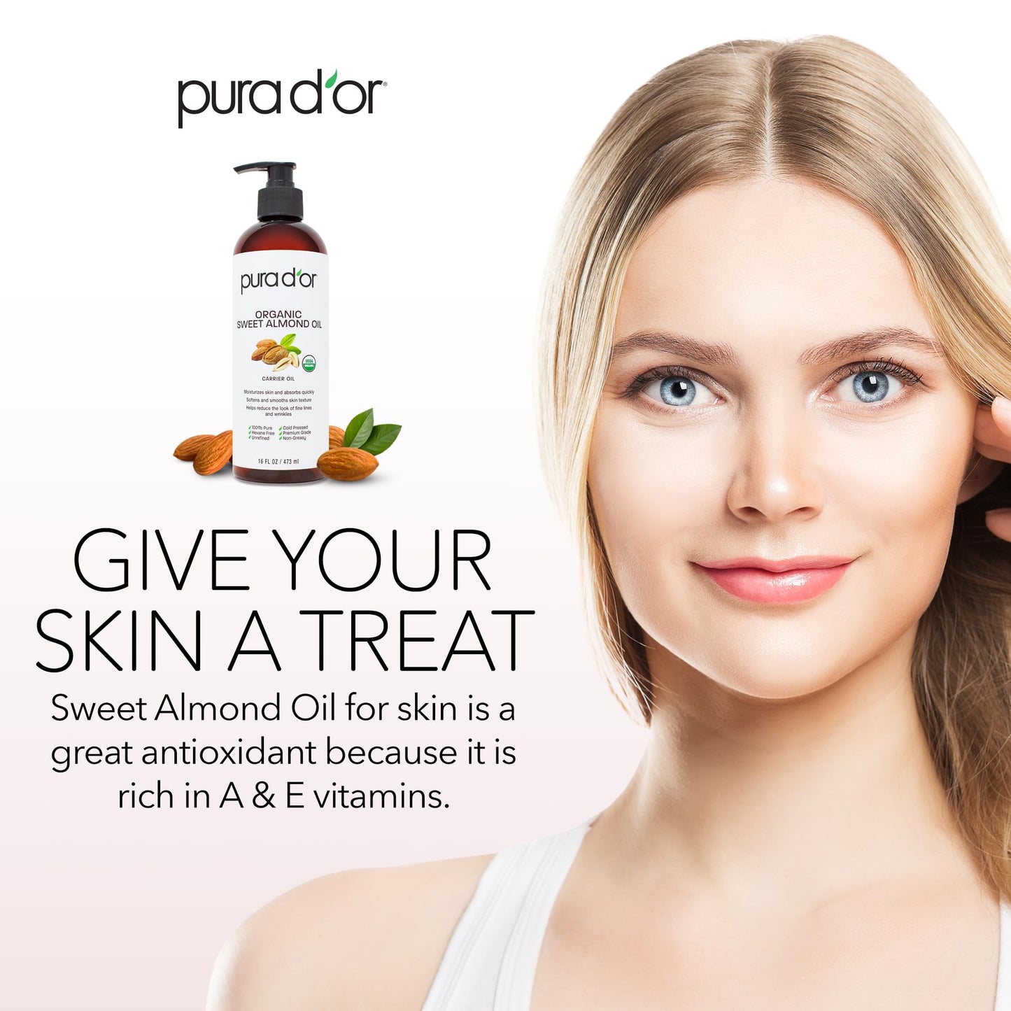 PURA D'OR Organic Sweet Almond Oil (16oz) USDA Certified 100% Pure & Natural Carrier Oil - Hexane Free - Skin & Face - Facial Polish, Full Body, Massages, DIY Base (Packaging may vary)
