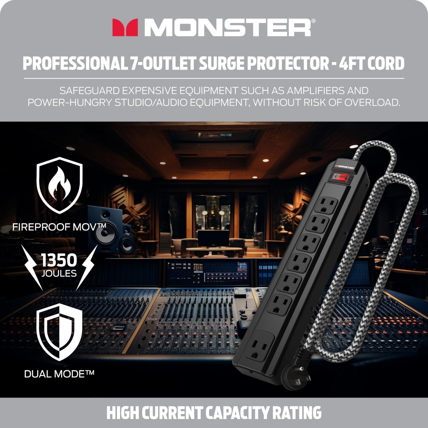 Tira de Alimentación Monster Pro MI Negra con Protección contra Sobretensiones Ignífuga para Equipo de Audio Profesional
