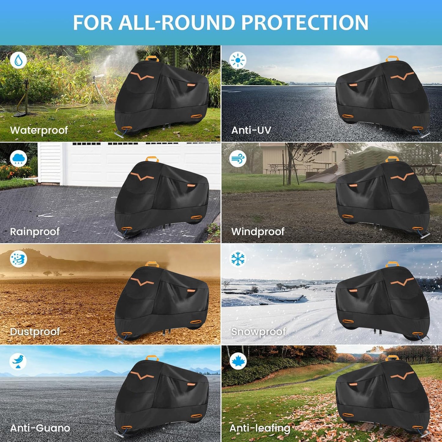 ANNA TOSANI Funda para Moto, 210D Impermeable Cubierta de Motocicleta Cubierta Protector para Moto Exterior y Interior con 3 Tiras Reflectantes y 2 Orificios para Cerradura para Moto 245x105x125cm