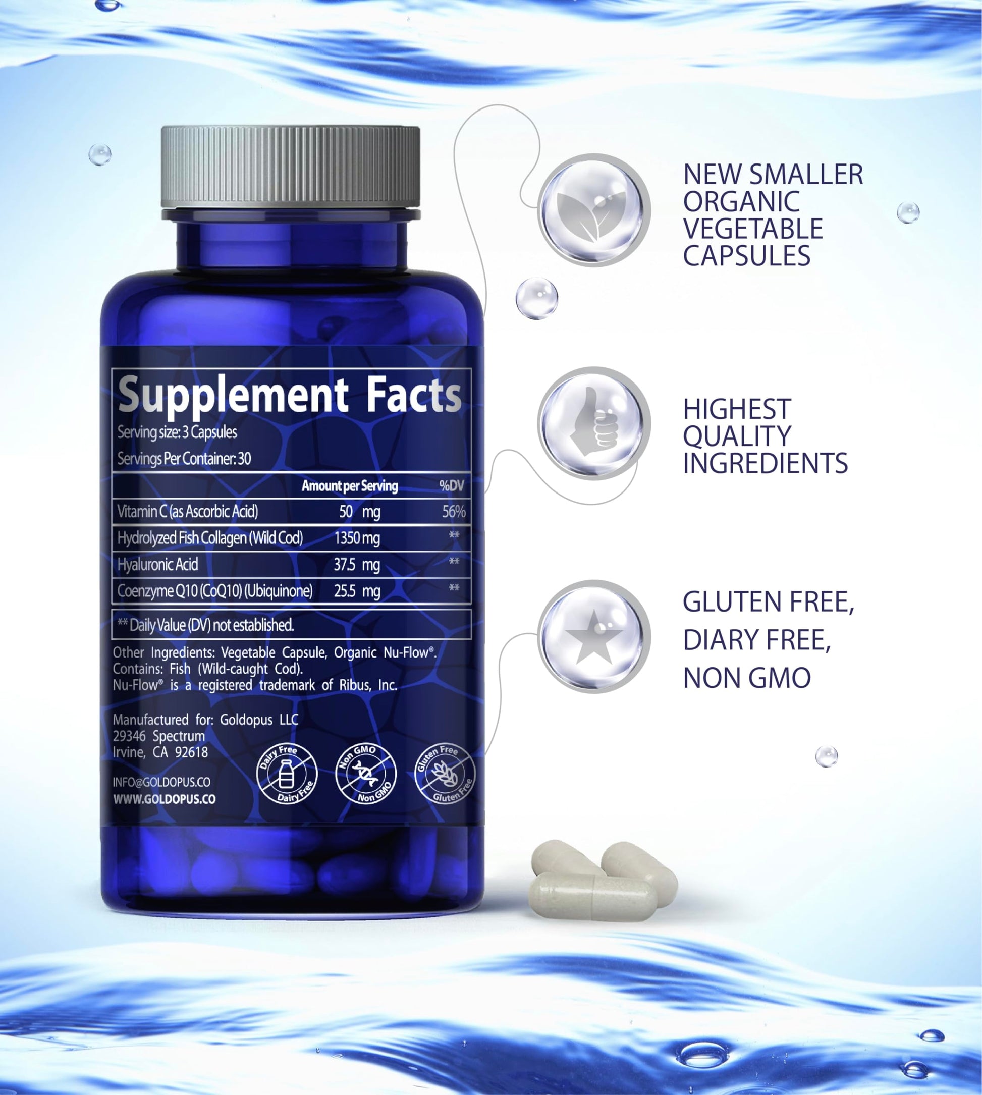 Cápsulas de Colágeno Marino Goldopus Blanco con Ácido Hialurónico y Coenzima Q10 para Piel Firme y Juntas Saludables