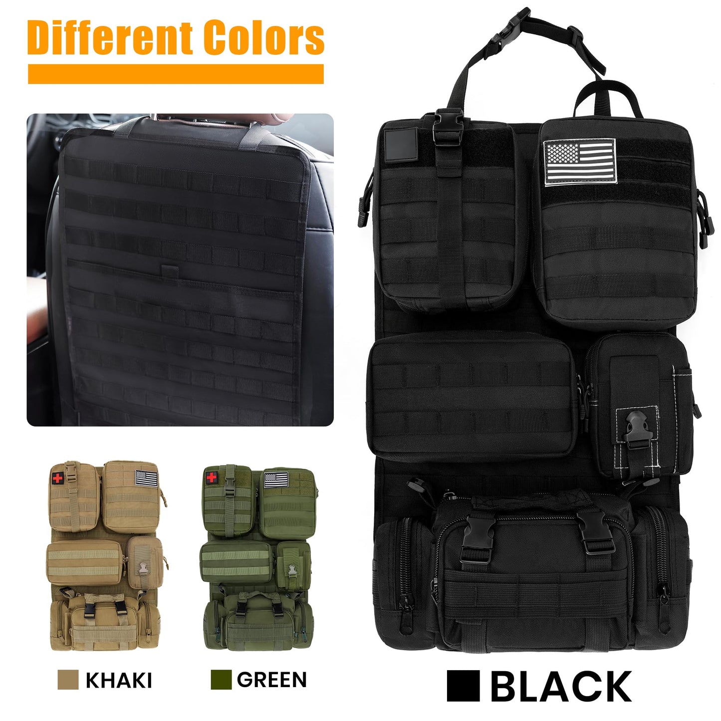 HMLIN OUTOOORS Paquete de 6 organizadores tácticos MOLLE para asiento de coche, negro, universal, con 5 bolsas MOLLE desmontables, parche y llavero de la bandera de Estados Unidos