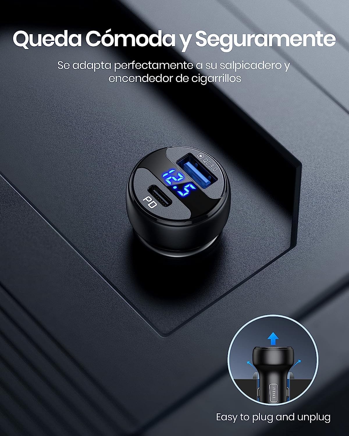 INIU Cargador de Coche, 66W Carga Rapida Car Charger Adapter, con 2 Puertos USB C USB A PD & QC Cargador de Automóvil Rápido para iPhone 15 14 13 12 11 Pro MAX Mini Samsung S22 S21 Note iPad AirPods