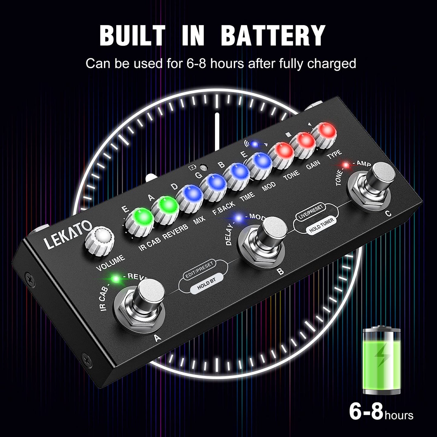 LEKATO - Pedal de guitarra multiefectos, con carga IR de 9 modelos AMP, pedal de sobremarcha de distorsión de reverberación retardada, efectos de guitarra eléctrica recargable, grabación de soporte
