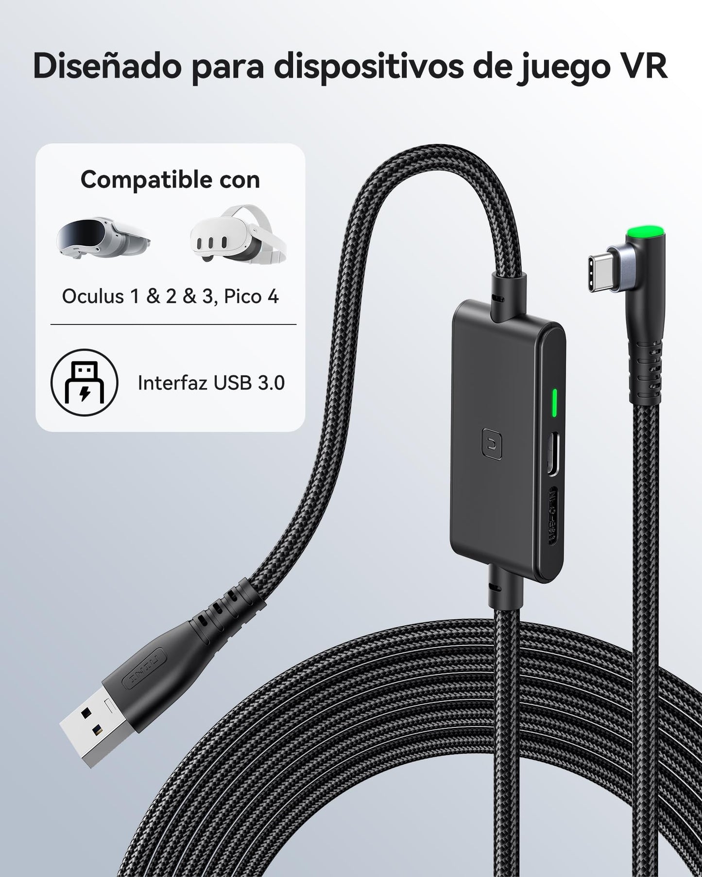 INIU Cable Link de 5m, Cable Link USB 3.0 a USB C con Meta Oculus Quest 3s, Quest 3 2 1, Quest Pro, Pico 4, PC Steam VR Accesorios, Transferencia de Datos de Alta Velocidad, Cable para Auriculares VR