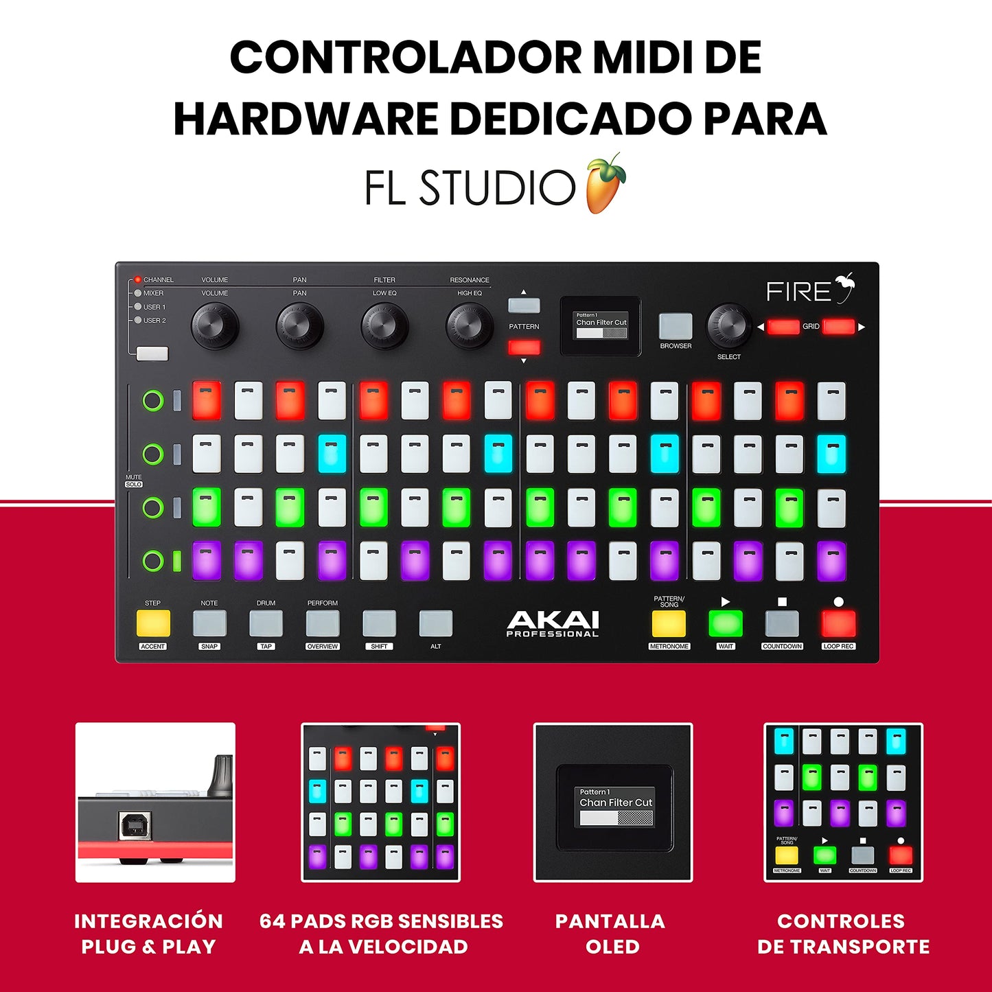 Controlador MIDI USB AKAI Professional FIRE Software Bundle con Matriz 64 Clips Drum Pads y FL Studio Fruity Edition